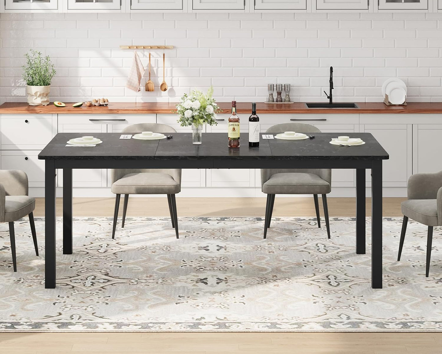 GarveeHome 78.7in Industrial Dining Table for 6, Wooden Long Dinner Table with Mortise Tenon Design, Kitchen Table with Sturdy Metal Legs, for Dining Room Home Office Living Room, Black