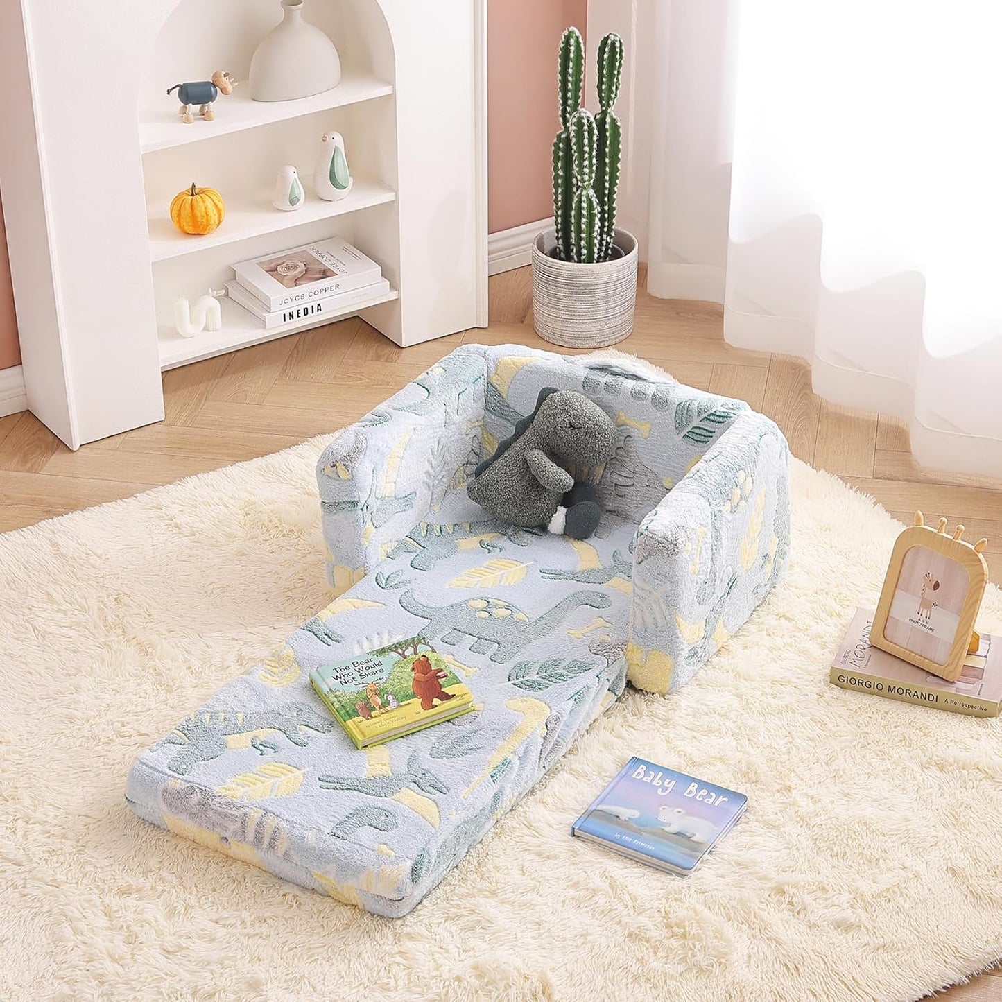 Tiita Kids Sofa, 2-in-1 Kid Sofa, Convertible Children Couch to Lounger, Flip Out Kids Chair, Glow in The Dark Toddler Armrest Chair Bed for Girl or Boy (Grey Dinosaur)