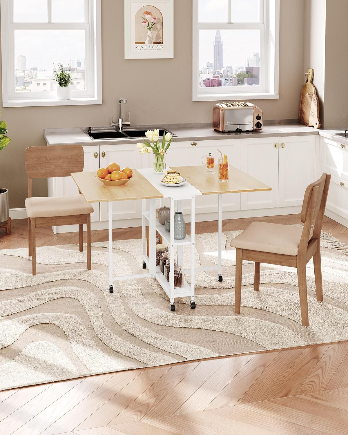 Folding Dining Table, Movable Dining Table, Kitchen Table for Small Space, Foldable and Expandable Desk Furniture with 6 Wheels, for Dining, Living Room, Apartment, White and Natural TCZ01WN