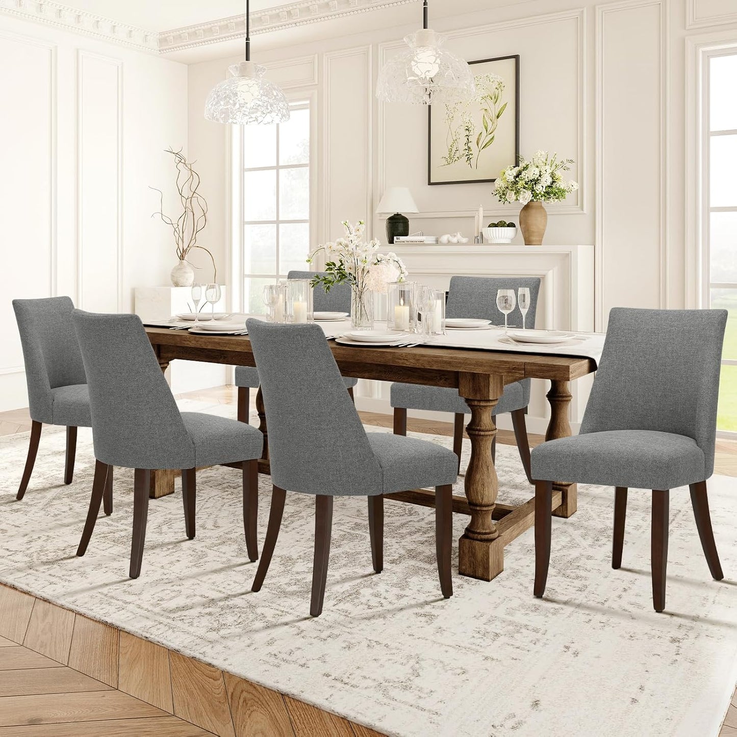 COLAMY Upholstered Dining Chairs Set of 6, Mid Century Modern Kitchen Chairs with Back, Farmhouse Fabric Side Dining Room Chairs with Wood Legs for Dining Room Restaurant, Light Grey