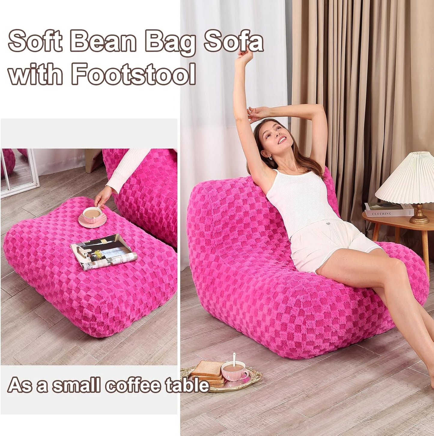 Bean Bag Chair with Footstool, Comfy Reading Sofa Chair for Adults, Modern Floor Sofa for Livingroom, Bedroom, Pink
