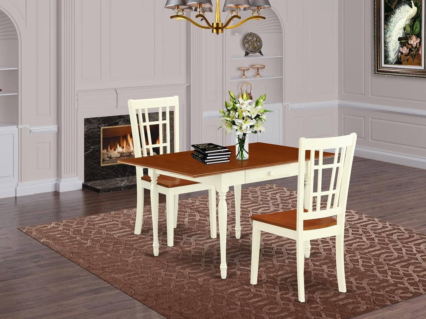East West Furniture MZNI3-WHI-W 3 Piece Modern Dining Table Set Contains a Rectangle Wooden Table with Dropleaf and 2 Kitchen Dining Chairs, 36x54 Inch, Buttermilk & Cherry