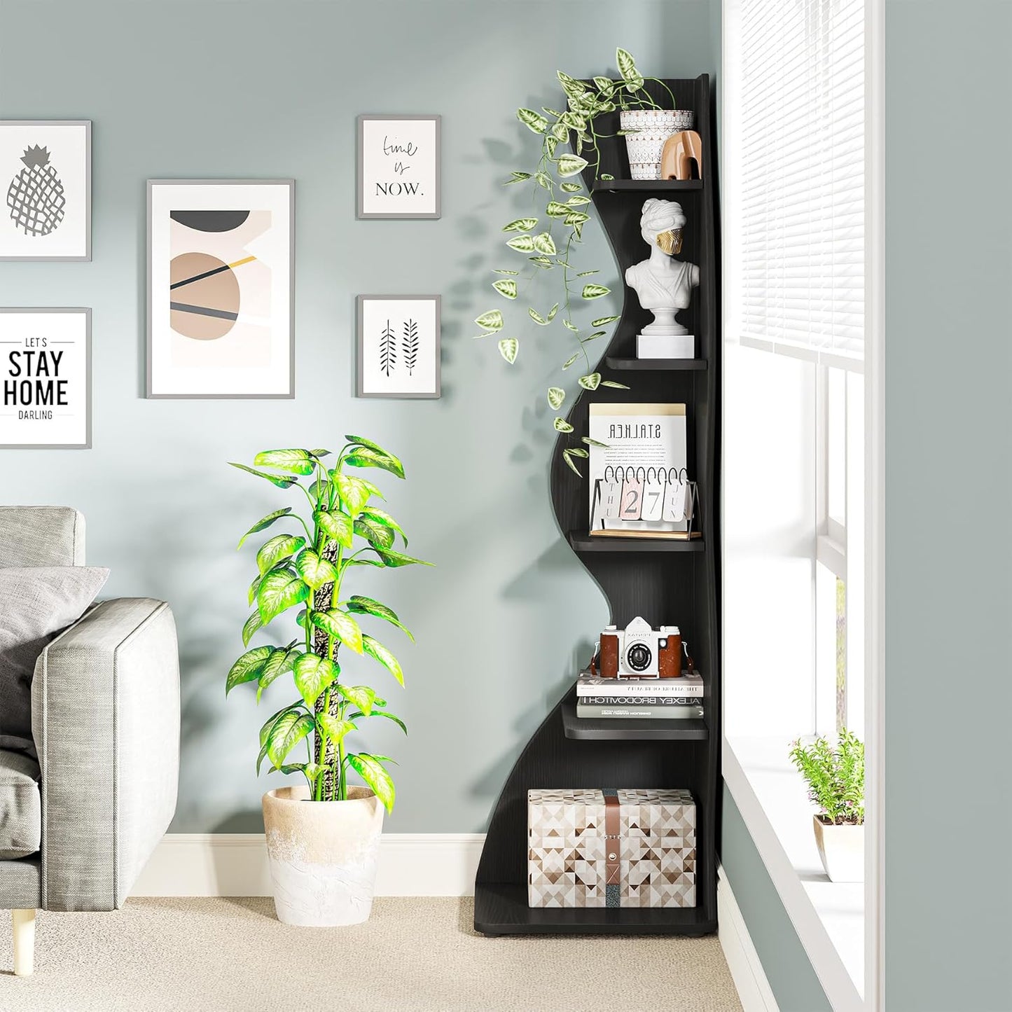 Tribesigns Corner Shelf, Modern 5-Tier Wall Corner Bookshelf, Stylish Corner Small Bookcase Storage Rack Plant Stand with Unique Shape for Living Room, Home Office, (1PC, Black)