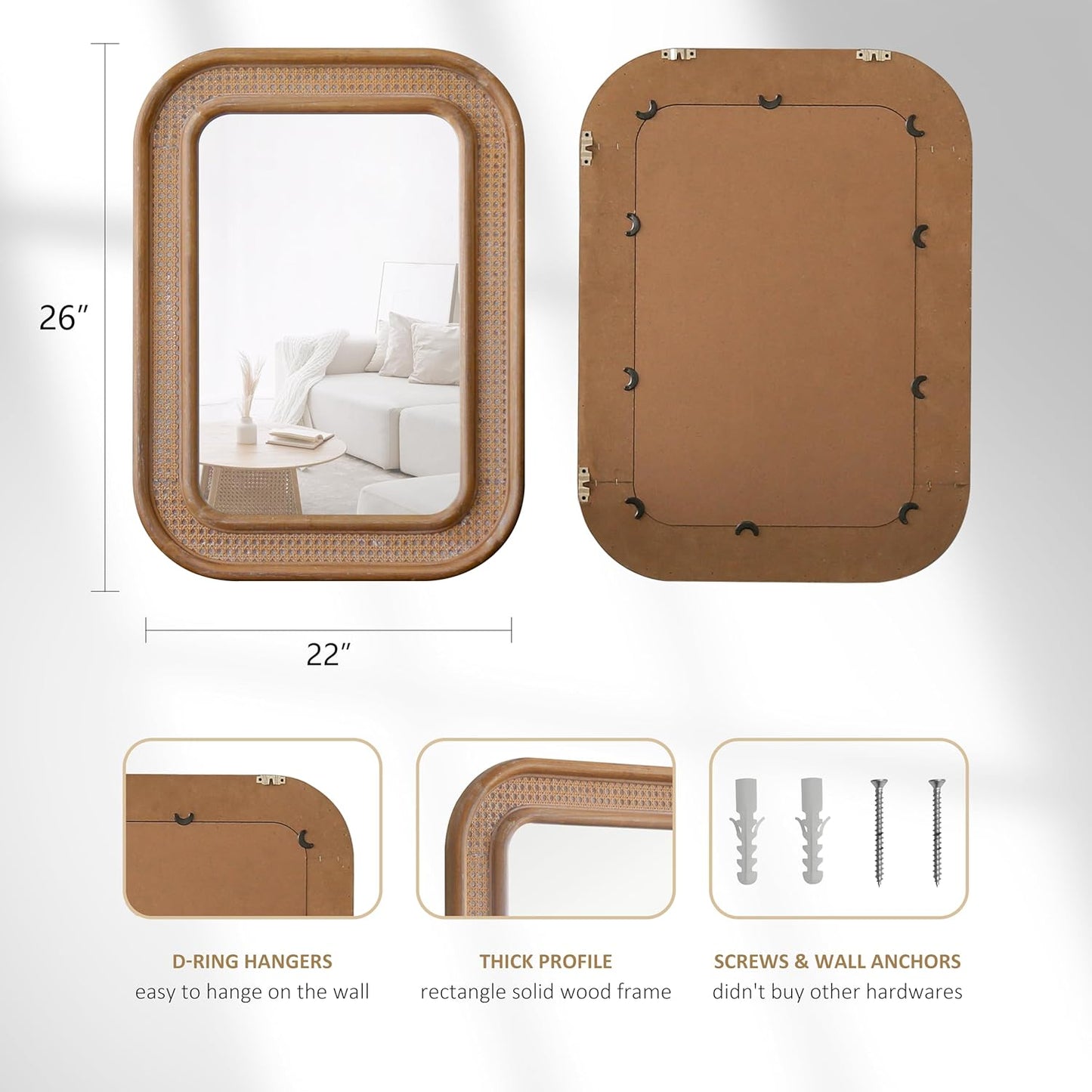 Micasso Rustic Wicker Wall Mirror: 30x22 in Purely Handmade Wooden Frame Rattan Mirror - Rectangular Shabby Chic Boho Bamboo Mirrors for Farmhouse/Bathroom/Bedroom/Living Room/Home Decor