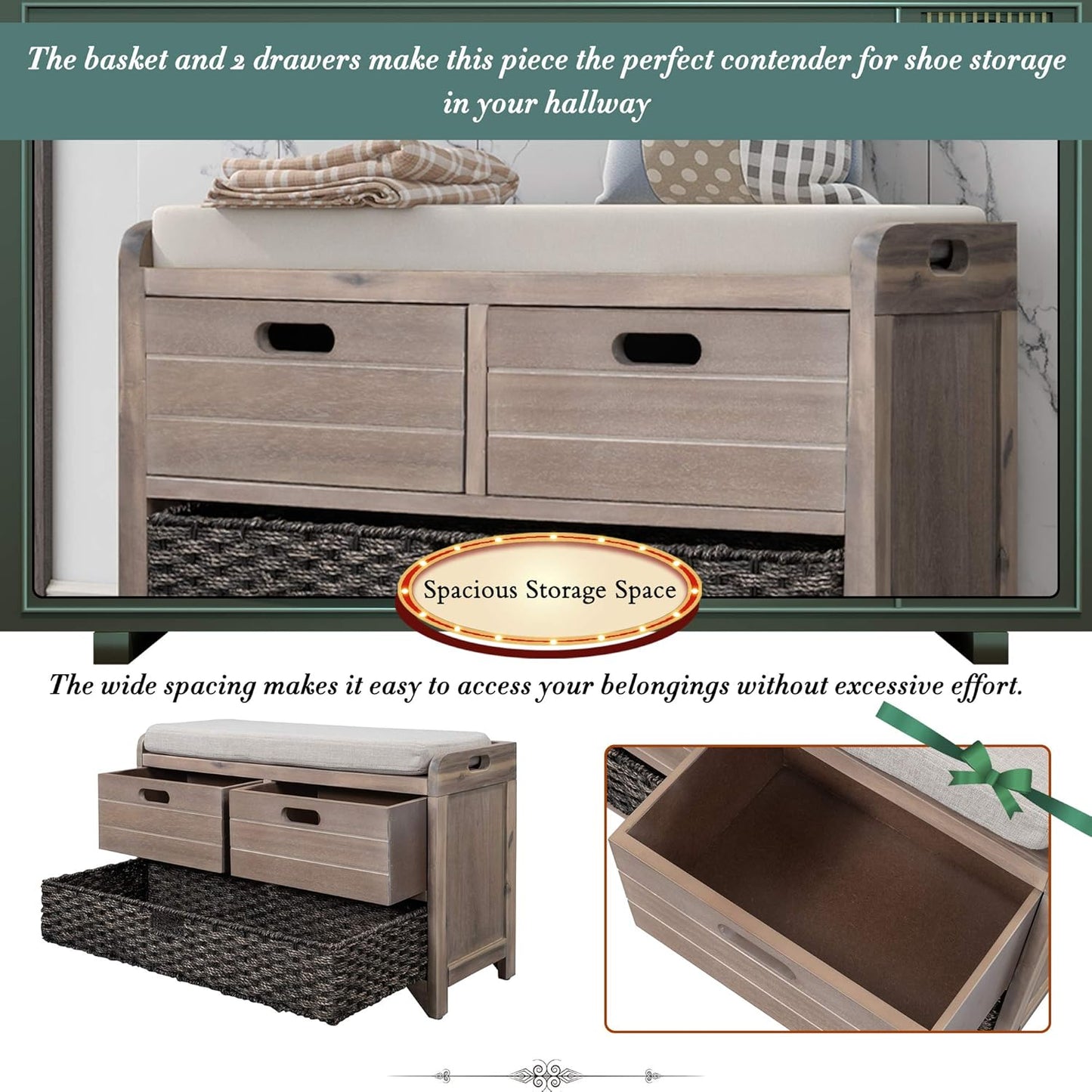Merax Modern Wood Storage Bench with 2 Drawers and 1 Rattan Baskets for Living Room Bed Room Entryway Natural