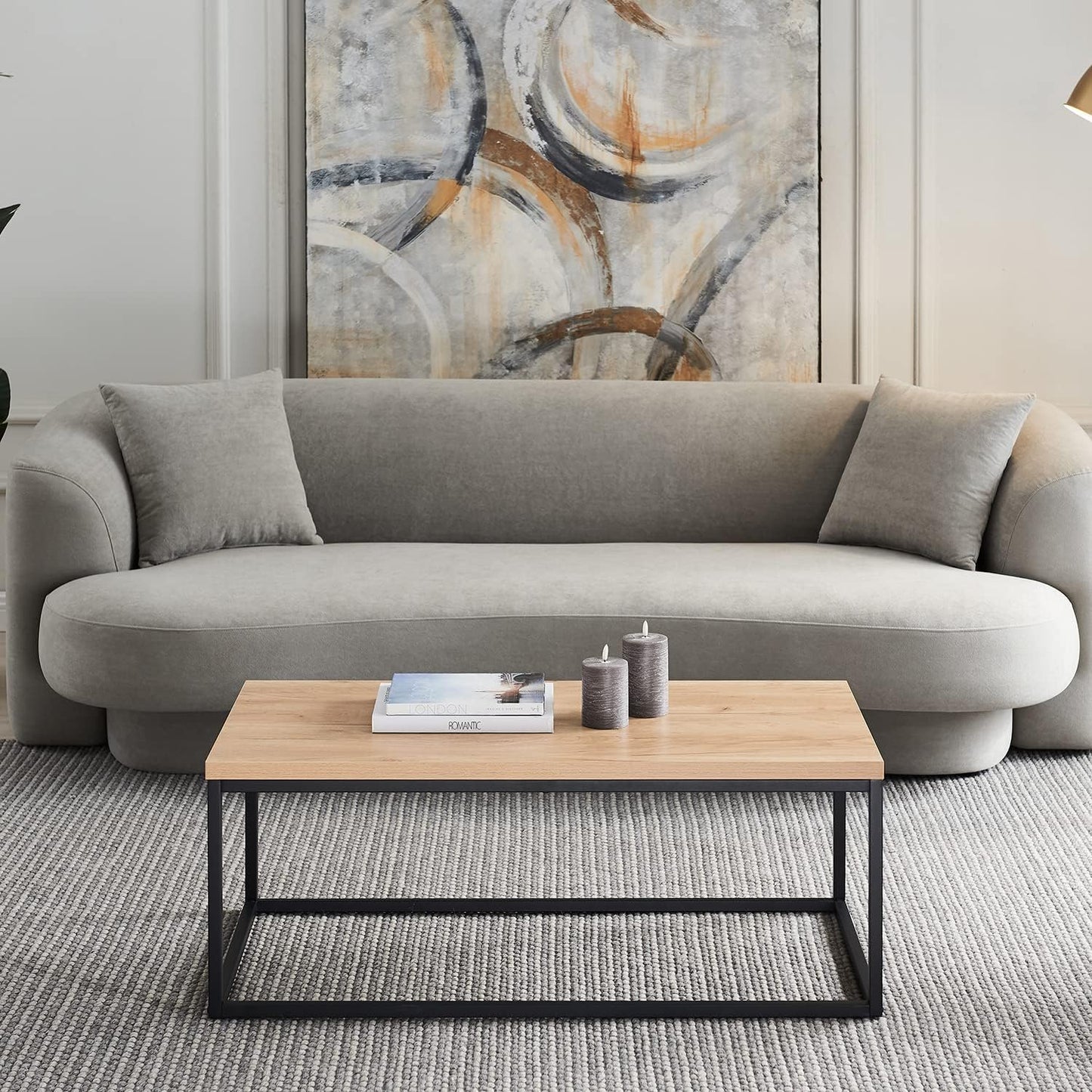 CENSI 40-Inch Natural Oak Accent Coffee Table Ottoman for Living Room, Rectangle, Mid-Century Modern Industrial Style, Extra Thick Top, Light Wood and Metal (Oak)