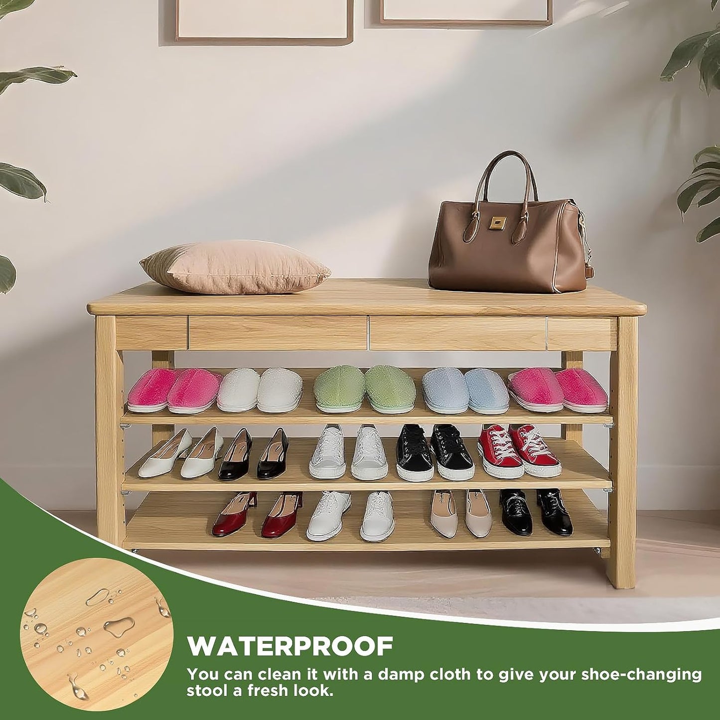 Wood Shoe Bench Entryway with Drawer: 3-Tiers Wooden Storage Shoe Rack with Bench Seat, Compact Mid-Century Modern Design for Entryway,Hallway,Closet,Front Door Entrance,Foyer Natural 39.3"