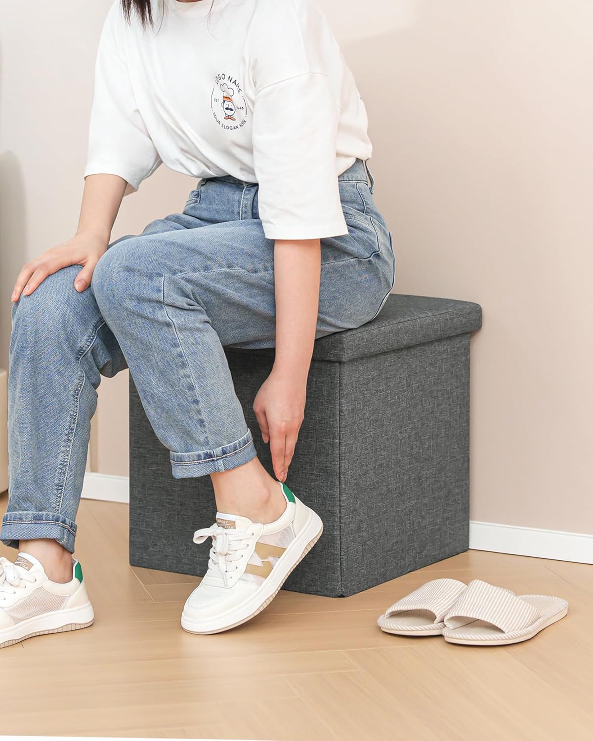 B FSOBEIIALEO Storage Ottoman with Tray, Small Ottomans Cube Folding Coffee Table Foot Stool Footrest Seat, Dark Grey Linen 16"X15.7"x15"