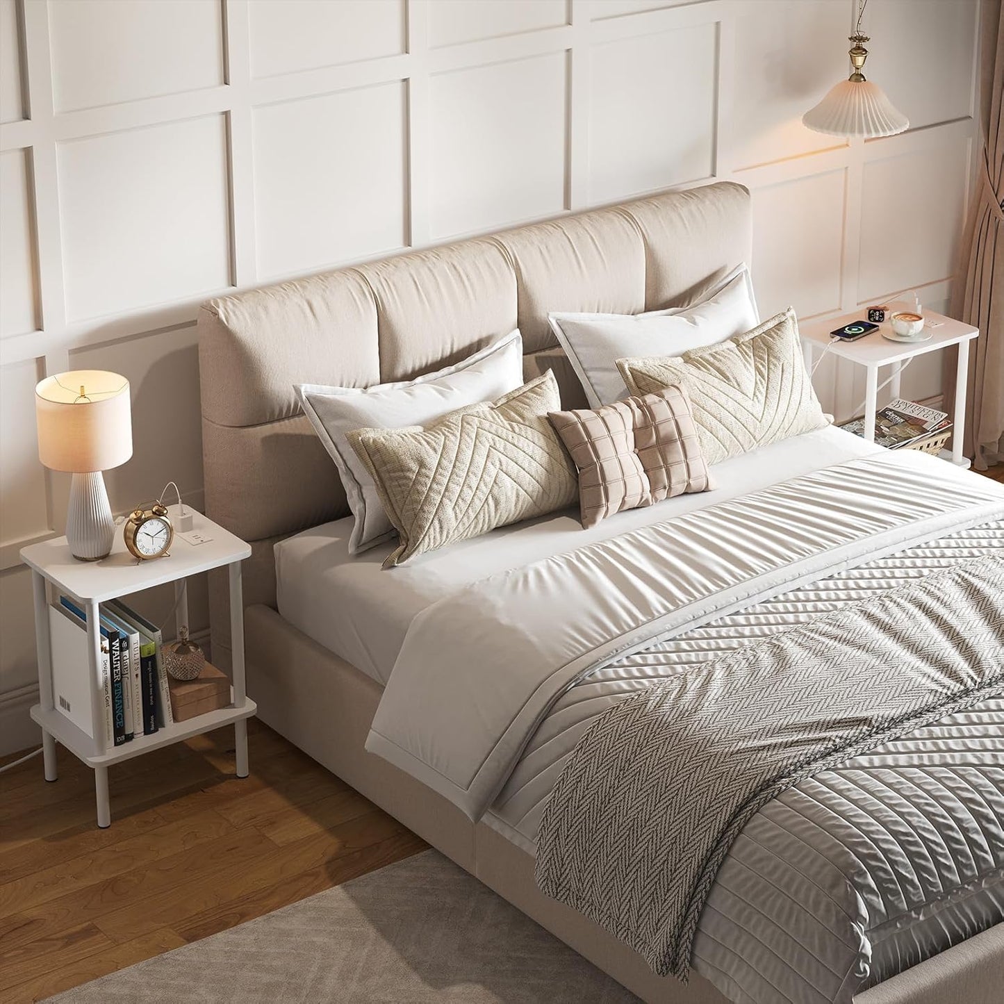 Apicizon 2 Tier End Table Set of 2, Small Side Table with Charging Station, Boho Bedside Table with USB Ports and Outlets, Nightstand for Small Spaces, Bedroom, Living Room, Easy Assembly, White