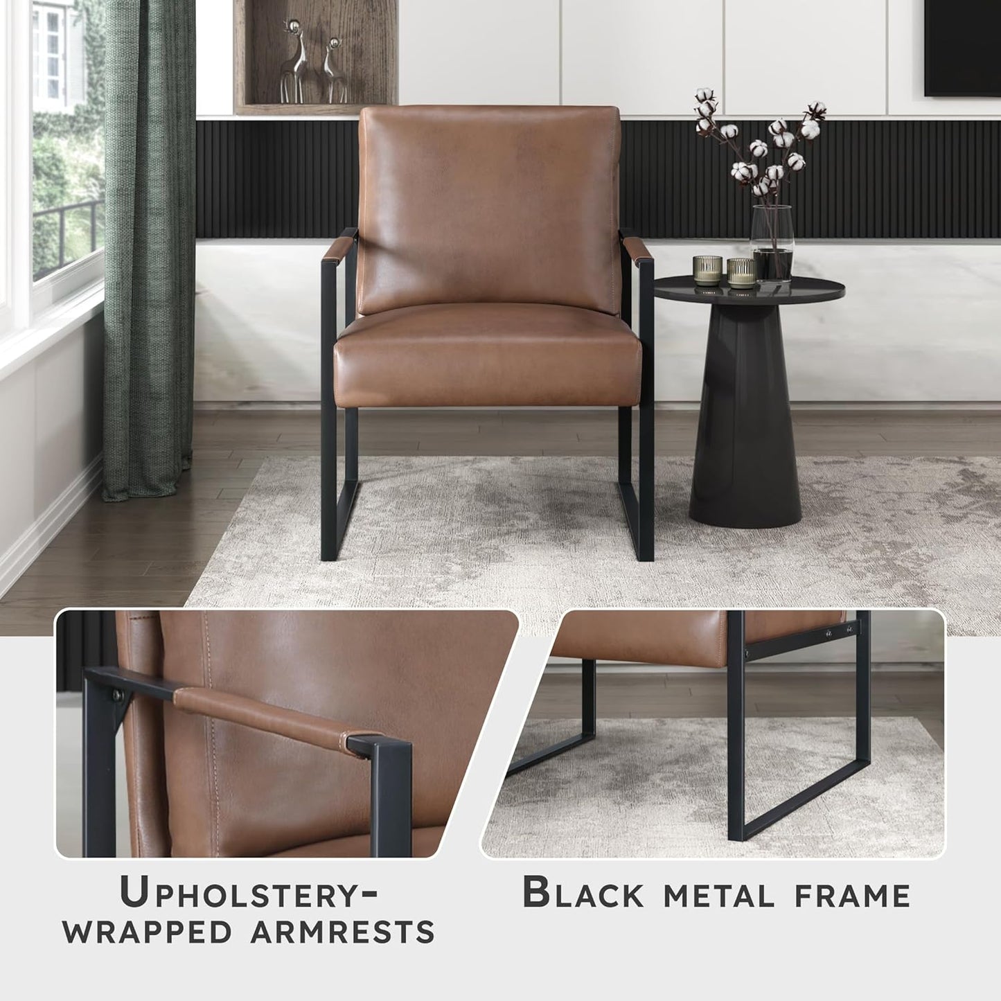 Lexicon Modern Accent Chair, Faux Leather Upholstered Living Room Chair with Wrapped Armrests, Arm Chair with Black Metal Frame, Comfy Single Chair for Living Room/Bedroom/Reading Room/Office, Brown