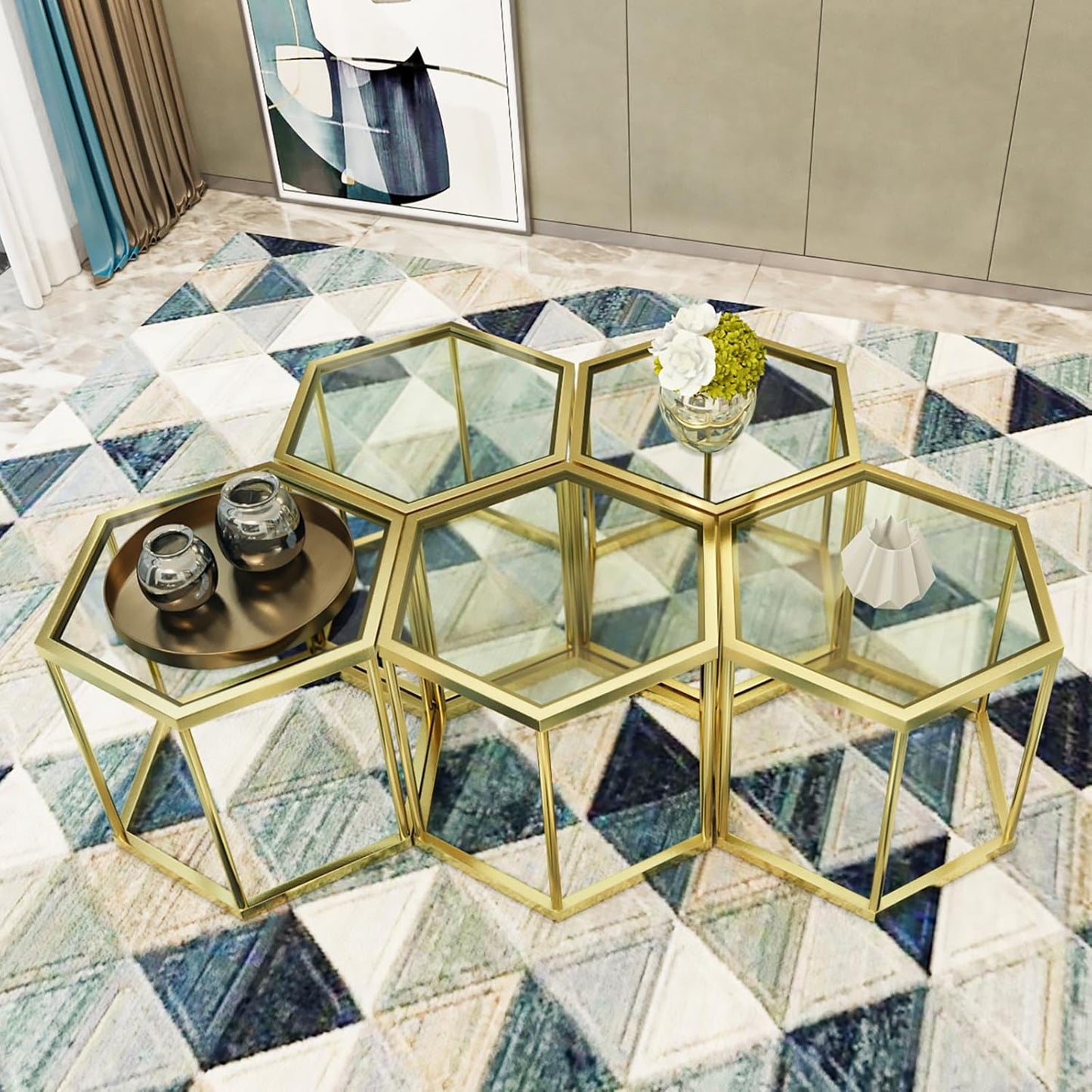Gold Glass Coffee Table Modern Glass Center Table, Hexagon Free Combination Coffee Table Small End Tables for Living Room Set of 3