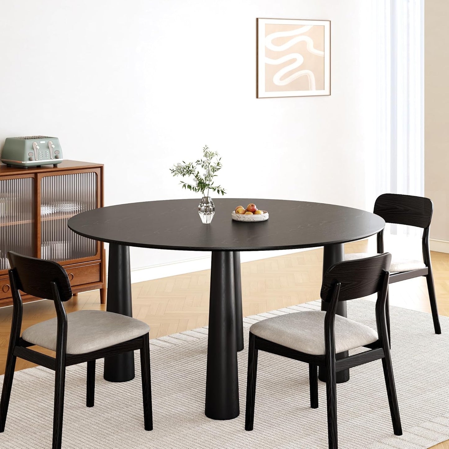 Casaphoria 59" Round Dining Table, Kitchen Table for 6 with Arc-Shaped Edge Top and Cylindrical Legs, Easy Assembly for Living Room, Dining Room, Black