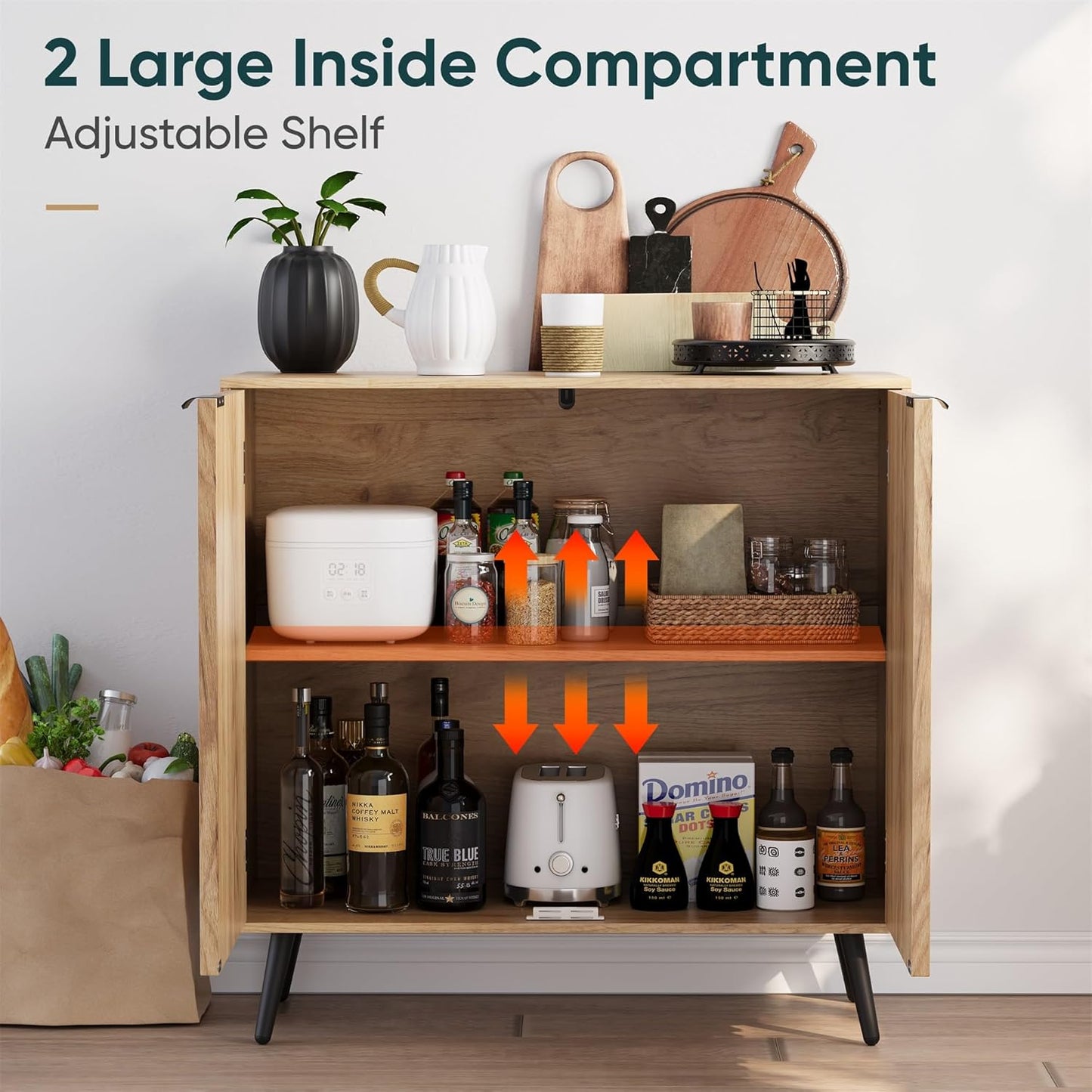 Semiocthome Buffet Cabinet with Storage, Sideboard Cabinet with Fluted Doors and Metal Legs, Storage Cabinet with Adjustable Shelf, Accent Table for Living Room, Kitchen, Entryway - Natural