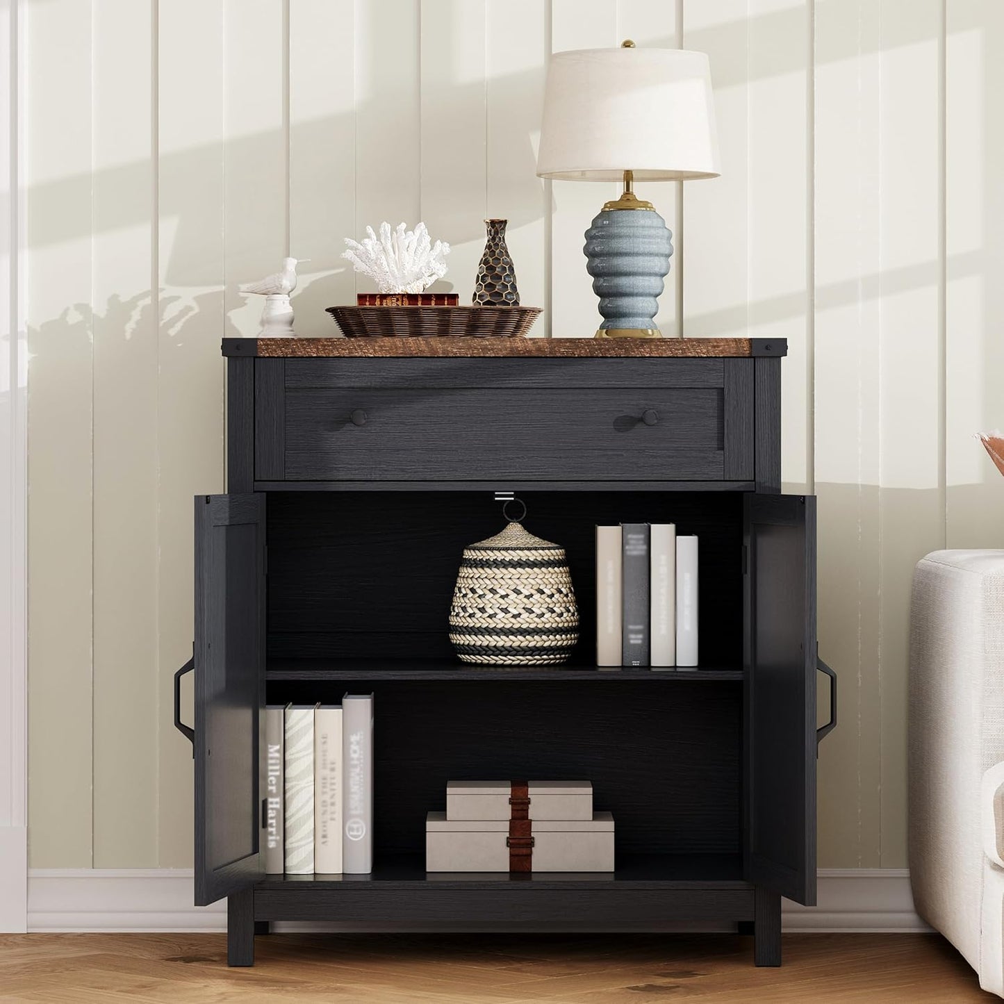 ChooChoo Kitchen Storage Cabinet, Coffee Bar Cabinet, Farmhouse Buffet Sideboard with Drawer for Kitchen, Living Room, Black