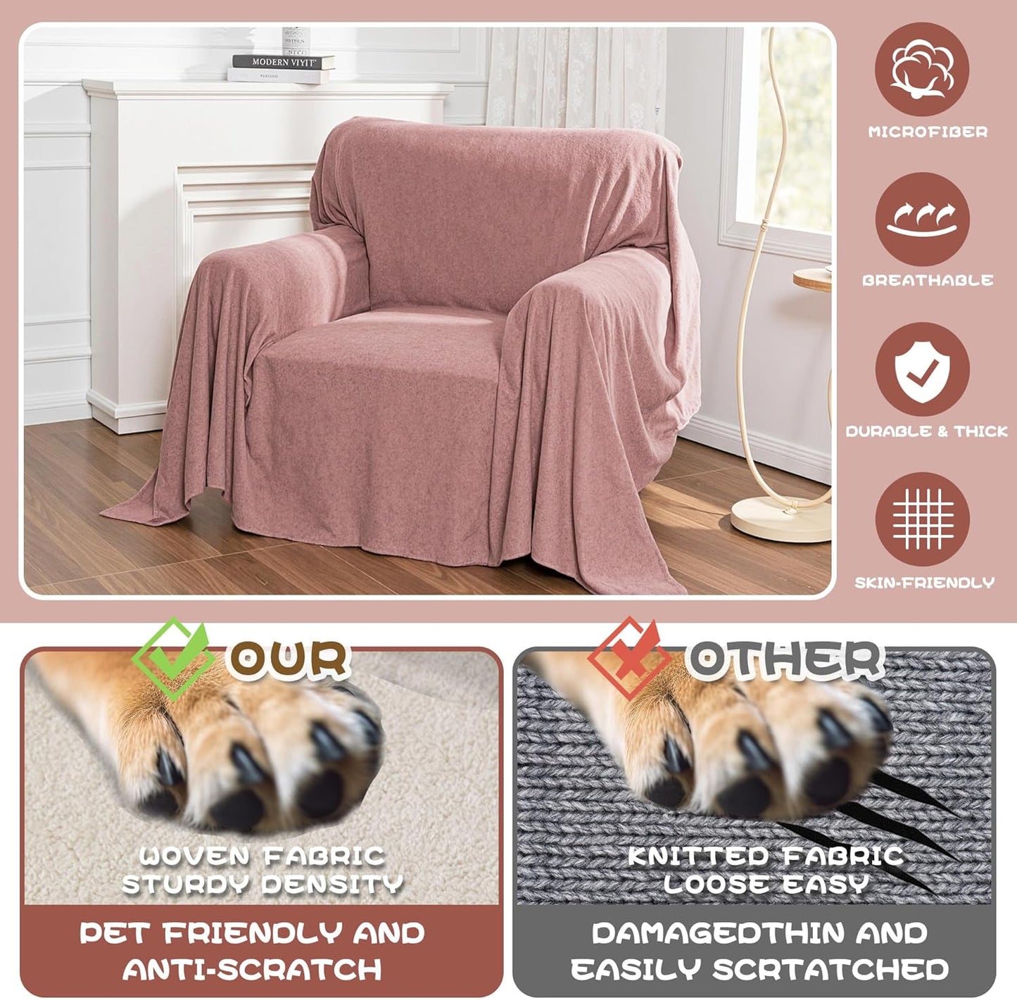 MYSKY HOME Pink Sofa Cover, Couch Covers for Pet, Couch Cover Reclining Couch Covers Armchair Covers for 1 Cushion Couch, Thick Durable Sofa Covers for Furniture Couch Cover, 71" x 91"