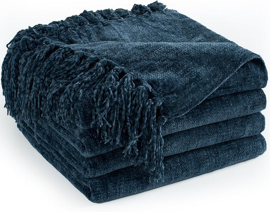 Chenille Throw Blanket for Couch 50"X 60", Soft Cozy Throws with Fringe Tassel for Bed Sofa Chair Cover, Lightweight Knitted Decorative Boho Blankets for Living Room, Navy Blue