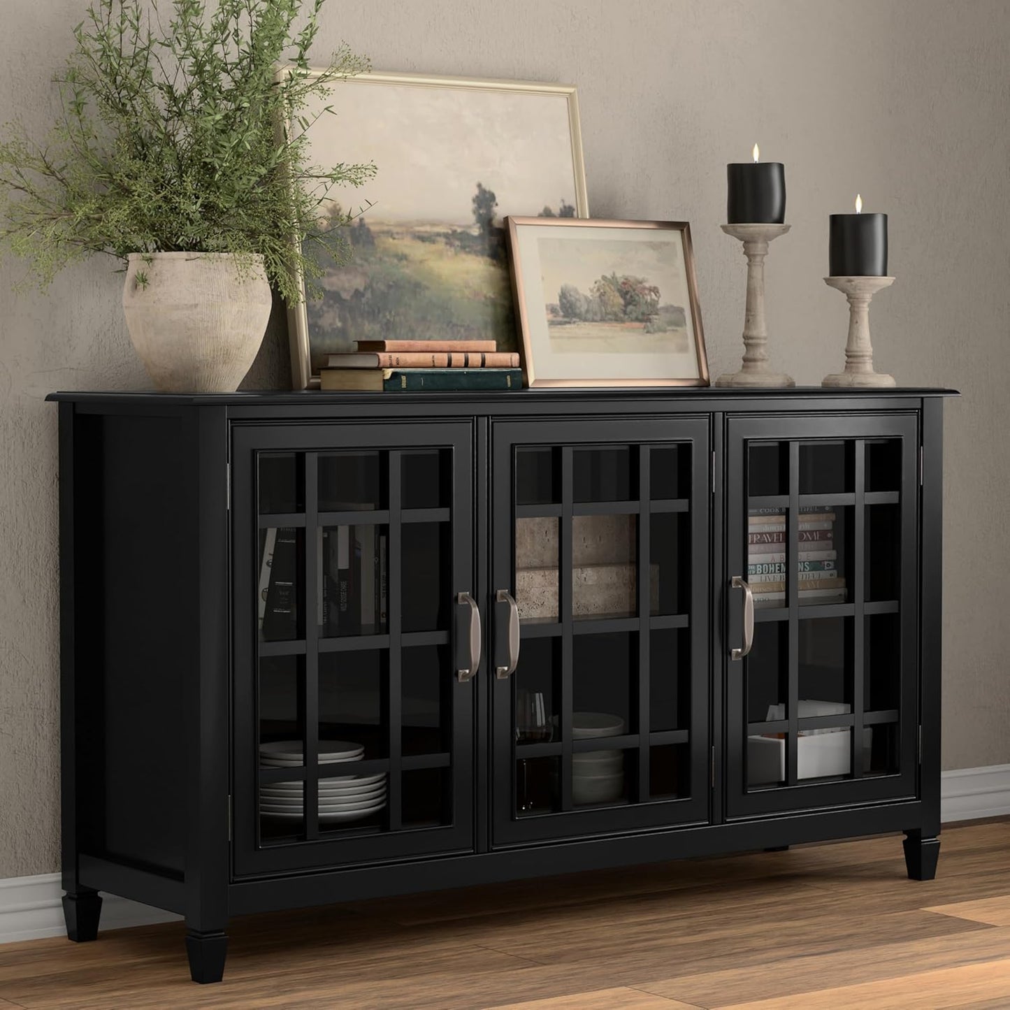 SIMPLIHOME Connaught Solid Wood 60 inch Wide Traditional Wide Storage Cabinet Buffet in Black for The Living Room, Entryway and Family Room