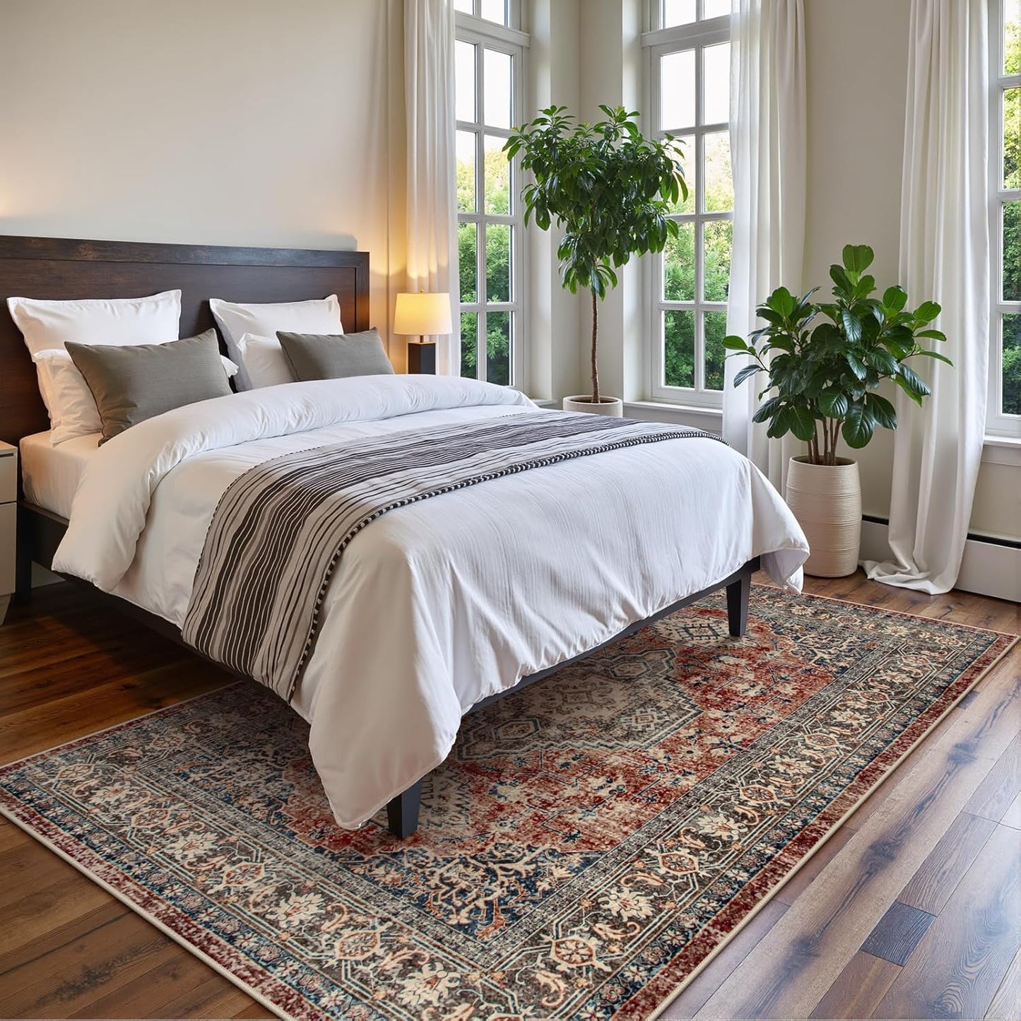 Lahome Oriental Washable Rugs for Living Room, 5x7 Area Rugs for Bedroom Ultra-Thin Non-Slip, Stain Resistant Vintage Low-Pile Throw Carpet for ‎Dining Room Office, Brick Red