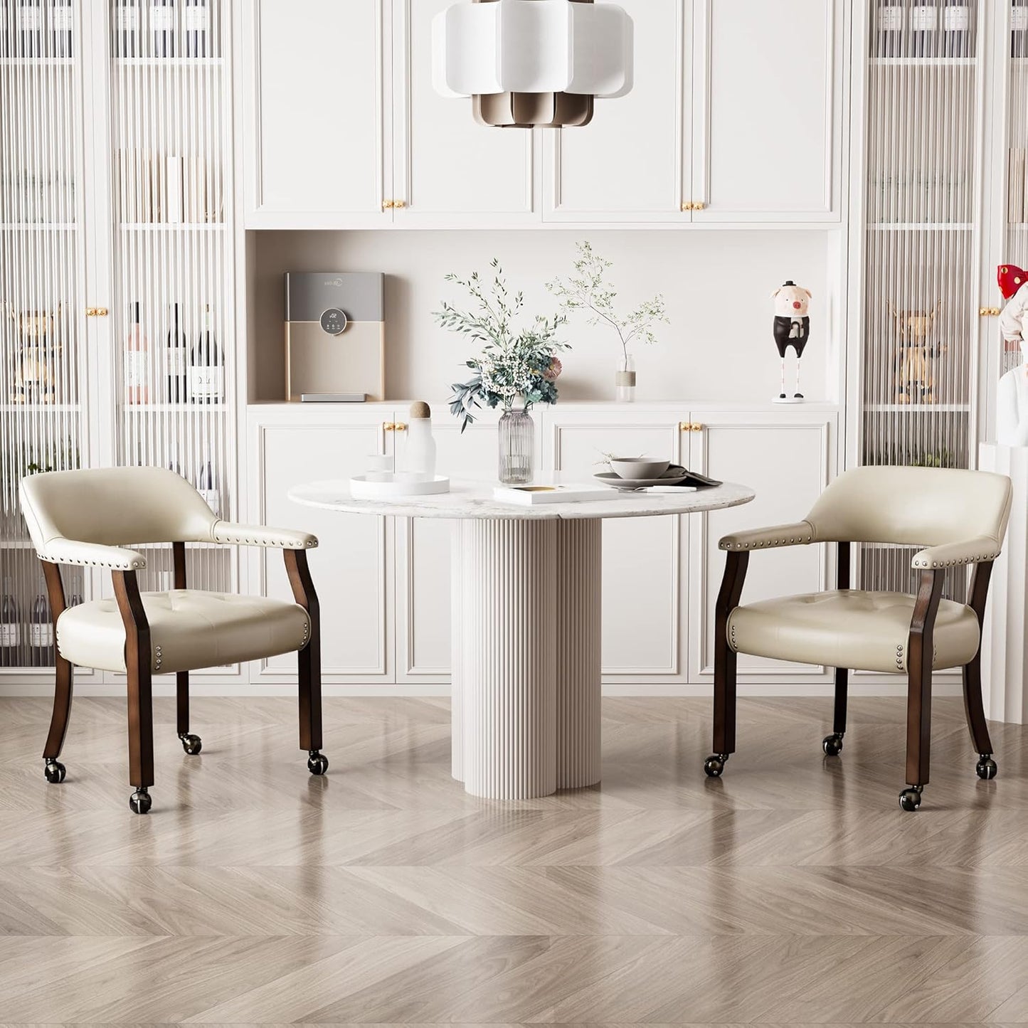 LEEMTORIG Large Dining Chairs with Casters and Arms, Rolling Dining Chairs with Wheels, Solid Wood Office Desk Chairs, 26“Dx25.2 Wx31.5“H, Espresso Legs & Beige PU, XXY-1910-BG