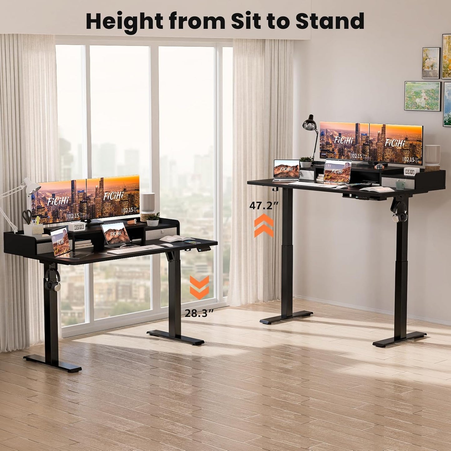 48x30 Inch Electric Standing Desk with Drawers & Widen Desktop, Thickened Desk Frame, Adjustable Height Sit Stand Up Table, Home Office Computer Desk with Cable Management, Classical Black