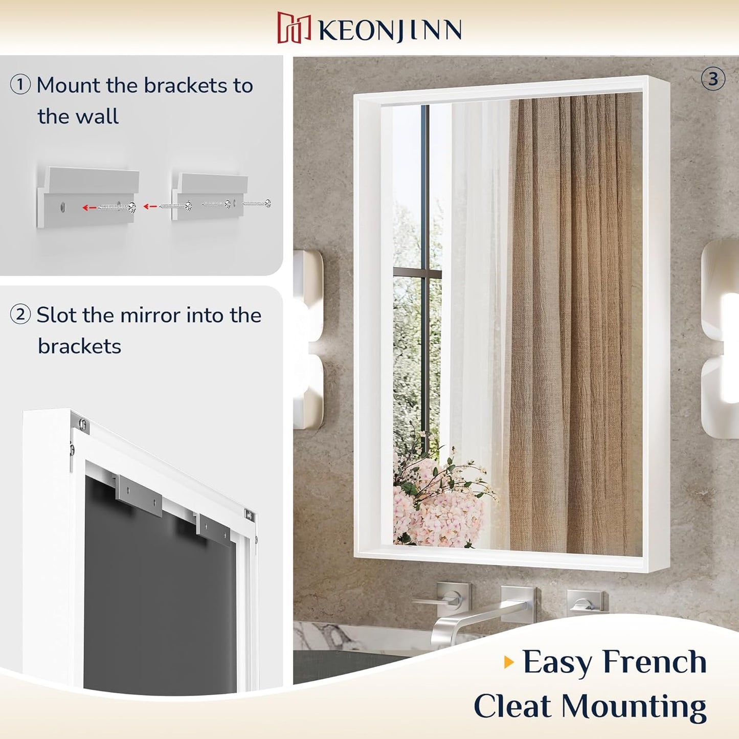 Keonjinn White Bathroom Mirrors for Over Sink 72 x 36 Inch Large Bathroom Vanity Mirror for Wall Metal Frame Modern Rectangle Mirror Square Corner Matte White Rectangular Mirror(Horizontal/Vertical)