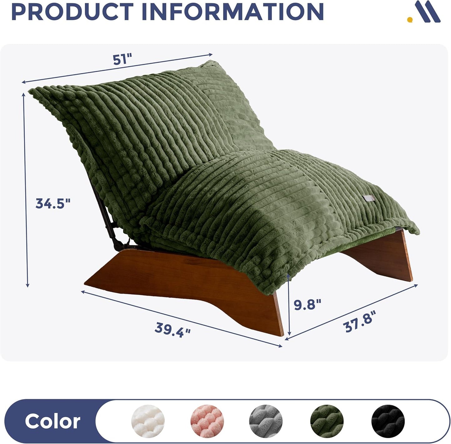 MAXYOYO Adjustable Living Room Chair, 3-Position Bean Bag Chair with Removable Cover, Upholstered Accent Chair with Frame, Soft Reclining Lounge for Bedroom, Apartment, Office, Green