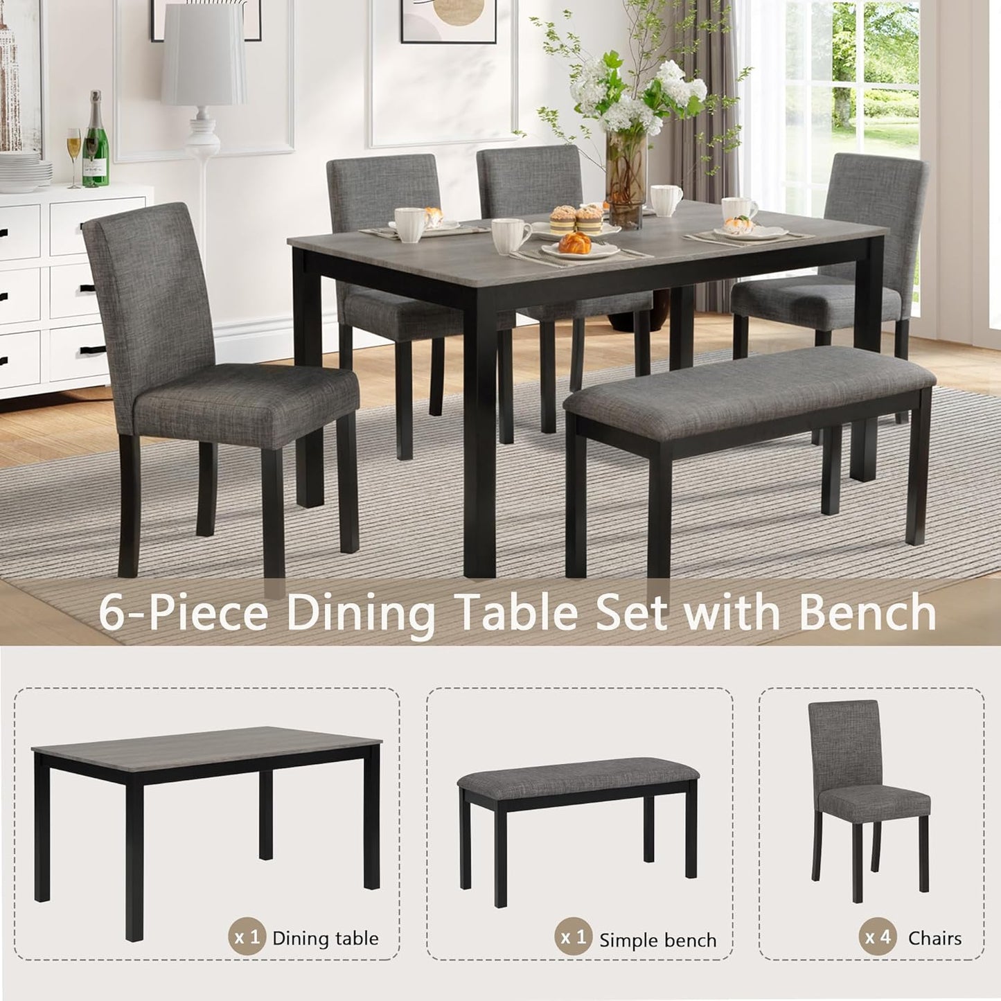 soges 6-Piece Kitchen Dining Table Set with Bench and Chairs, Dining Table Set for 6 with Bench, Wooden Table Set for Kitchen, Dining Room, Grey