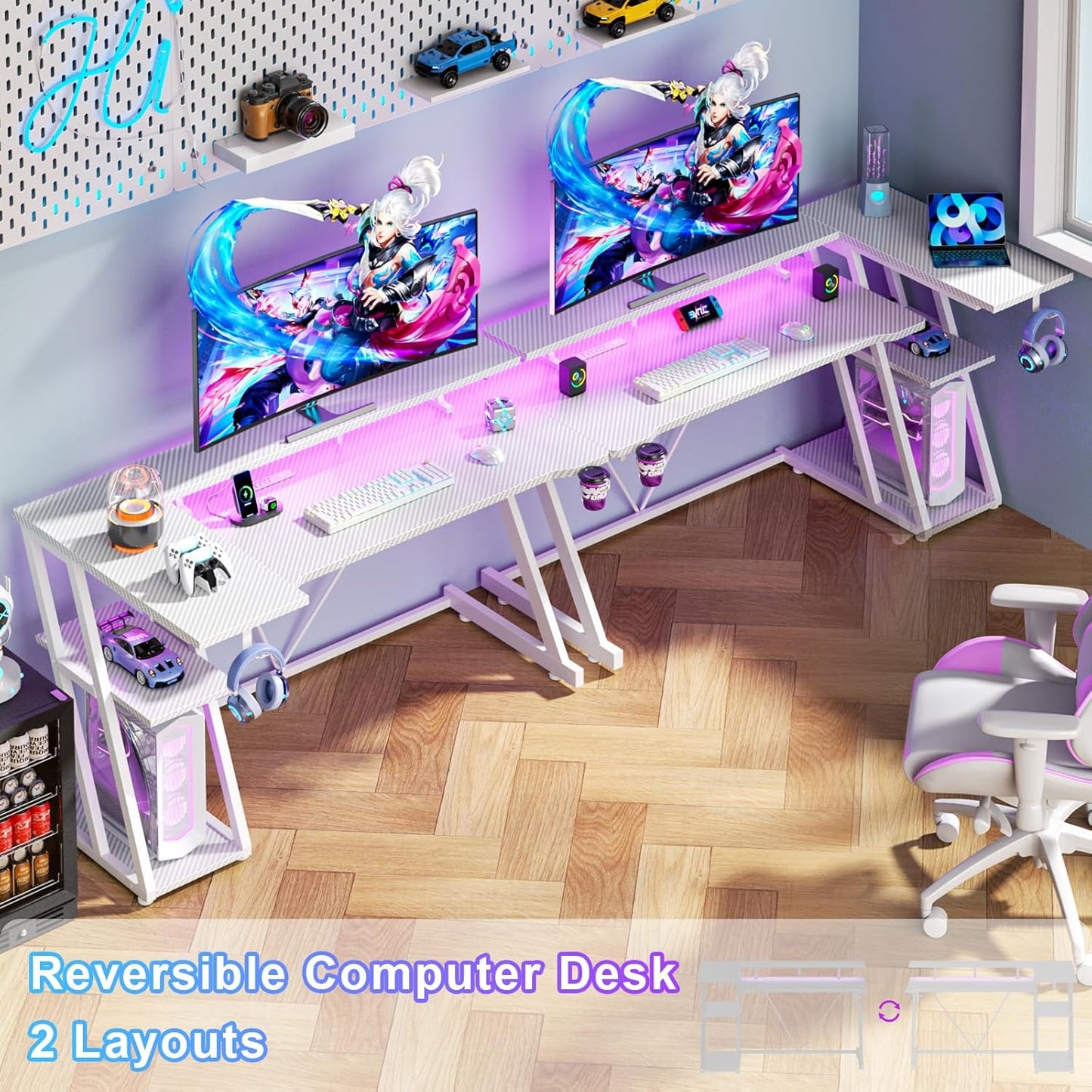 55 Inch White Gaming Desk with Power Outlet & LED Lights, L Shaped Computer Desk Gaming with 3 Tiers Storage Shelves, Reversible Corner Desk with Monitor Stand for Bedroom