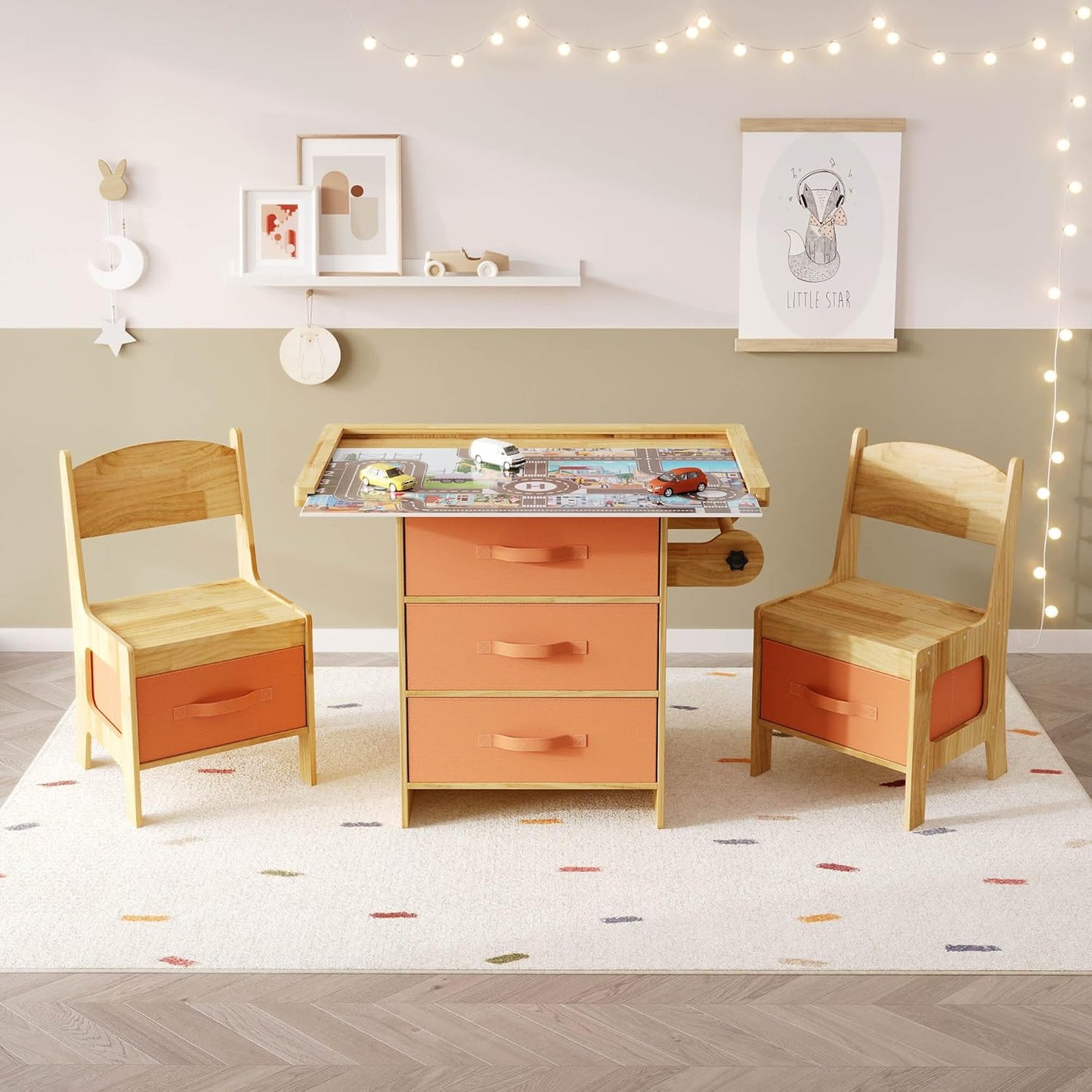 Pine Wood Kids Table and Chair Set 3 in 1 Wooden Toddler Table with Storage, Children's Drawing Reading Desk, with Drawers & Storage Baskets, Natural