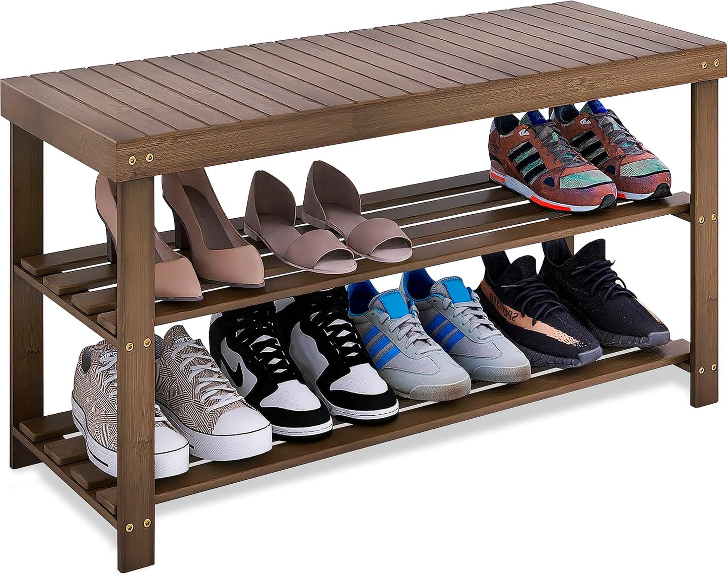 SMIBUY Bamboo Shoe Rack Bench, 3-Tier Shoe Organizer Storage Shelf for Entryway Hallway Bathroom Living Room (Walnut)