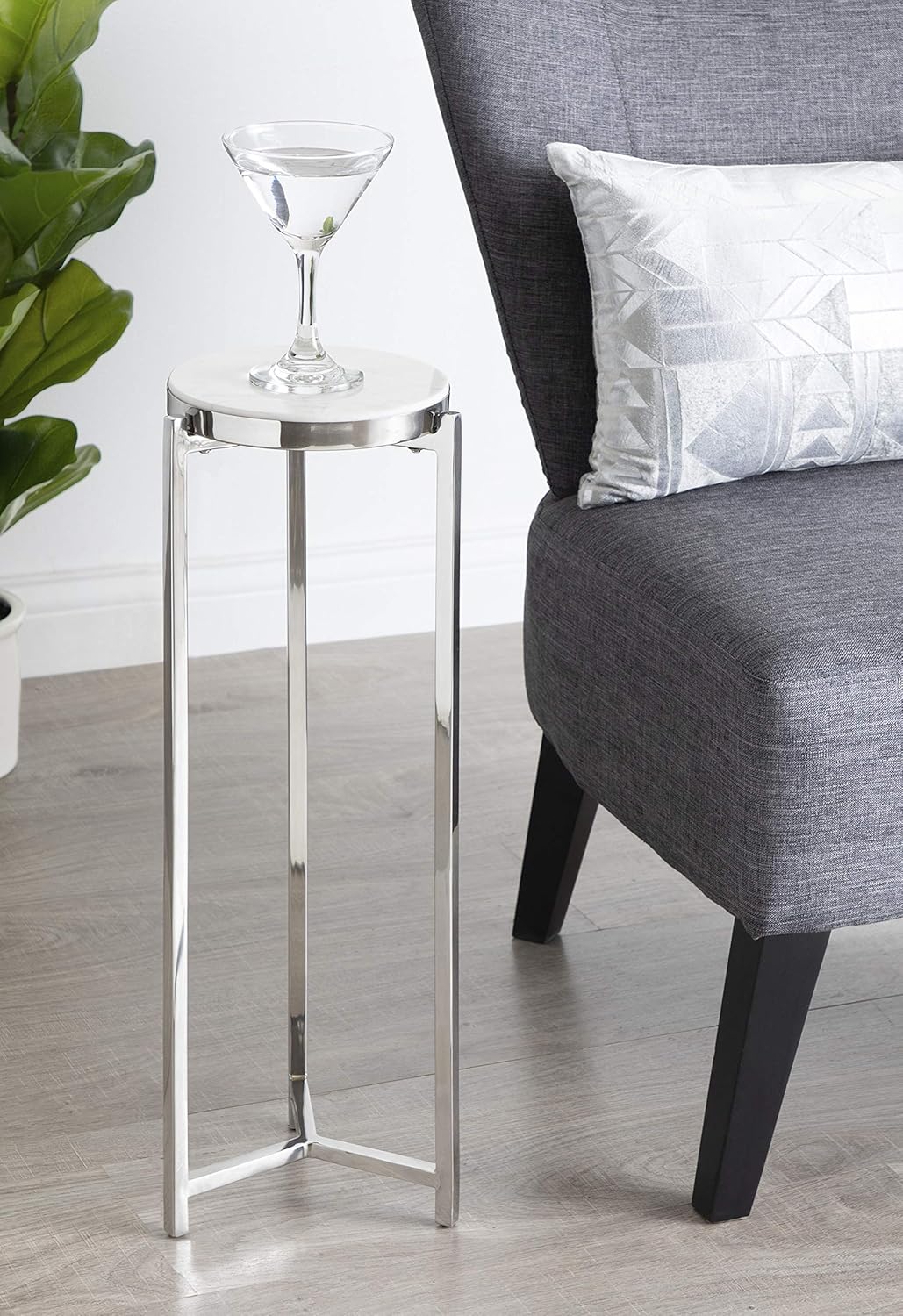 Kate and Laurel Aguilar Glam Round Drink Table, 8 x 8 x 23, Silver and White, Small Accent Table for Use as Plant Pedestal Stand with Marble Tabletop