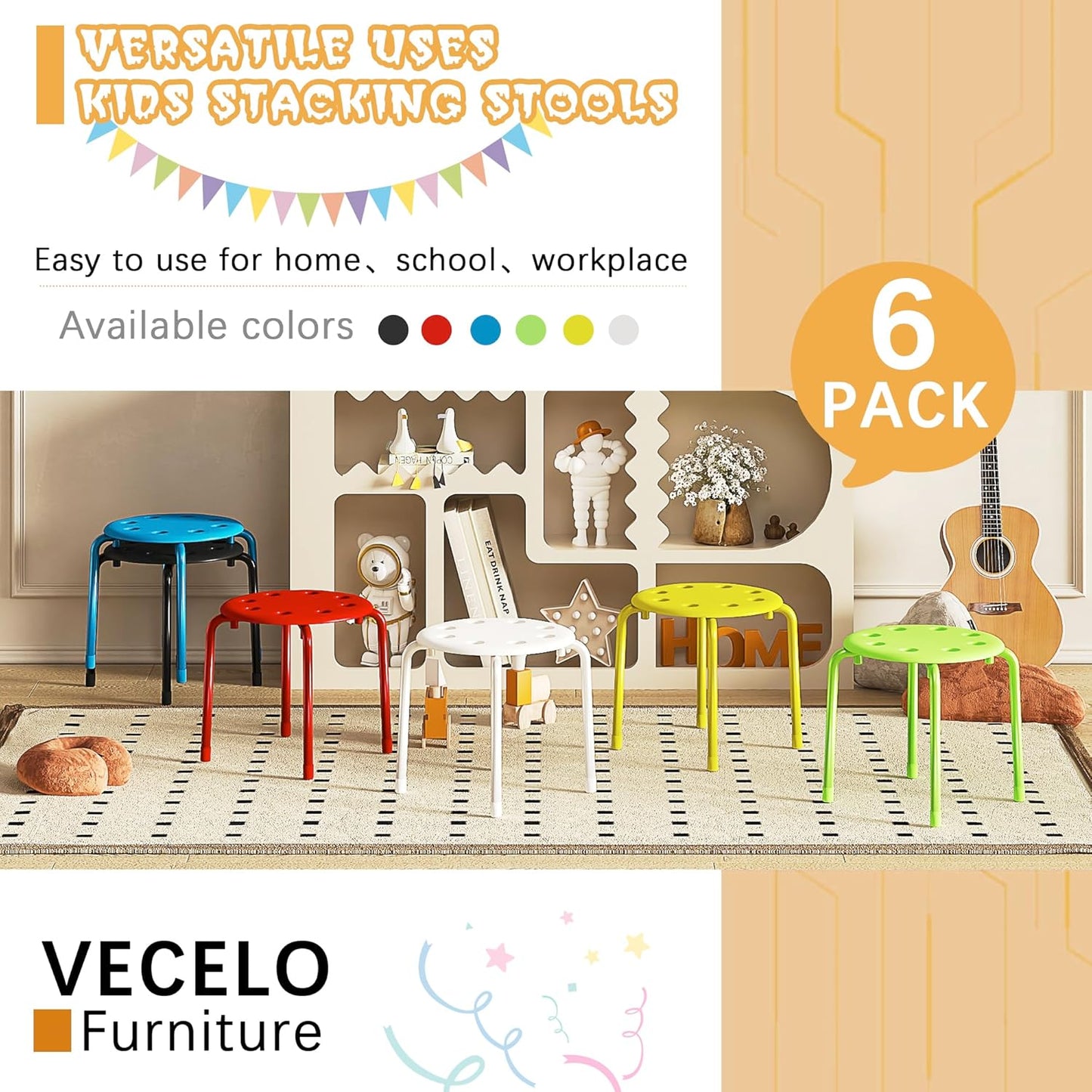 VECELO Stackable Stools for Classroom, 12" Height Plastic Portable Stacking Stool Chairs with Non-Slip Foot Mats for School Daycare Kindergarten Living Room (6 Pack)