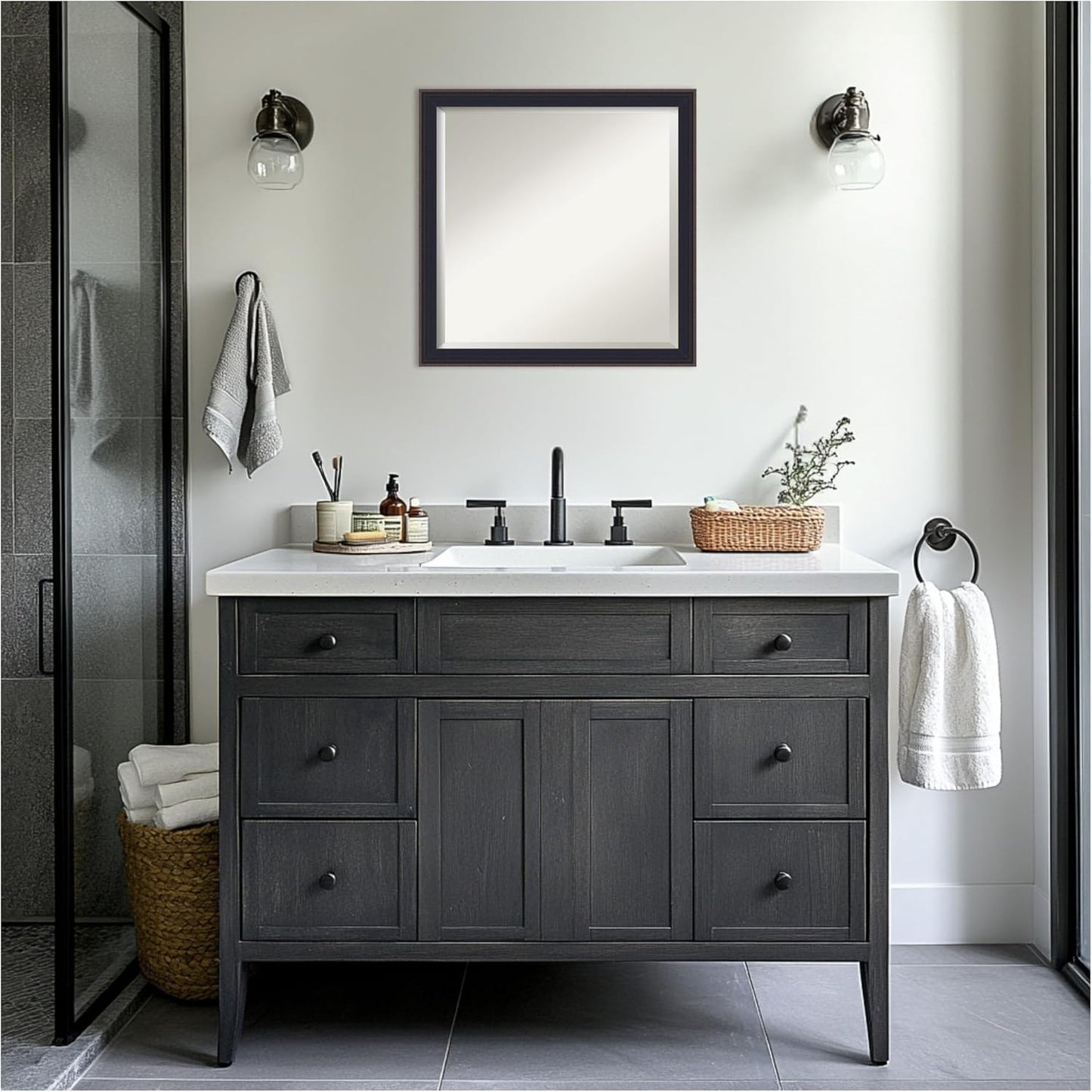 Amanti Art Black Bathroom Mirror for Over Sink, 23x23 Havana Black Bronze Square Vanity Mirror, Medium Casual Frame, Hangs Horizonally and Vertically, Bathroom Wall Decor, Beveled Edge