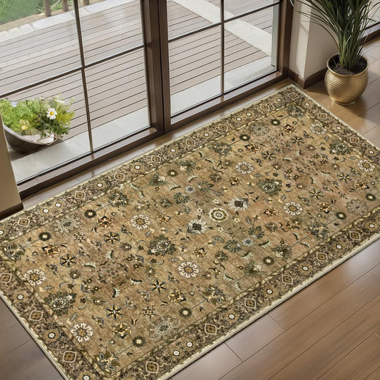 2x4 Washable Rug for Entryway, Vintage Floral Rug Non Slip Small, Indoor Front Door Runner Rugs, Print Distressed Brown Door Mat Carpet, Soft Low Pile for Entrance Kitchen Bedroom Bathroom