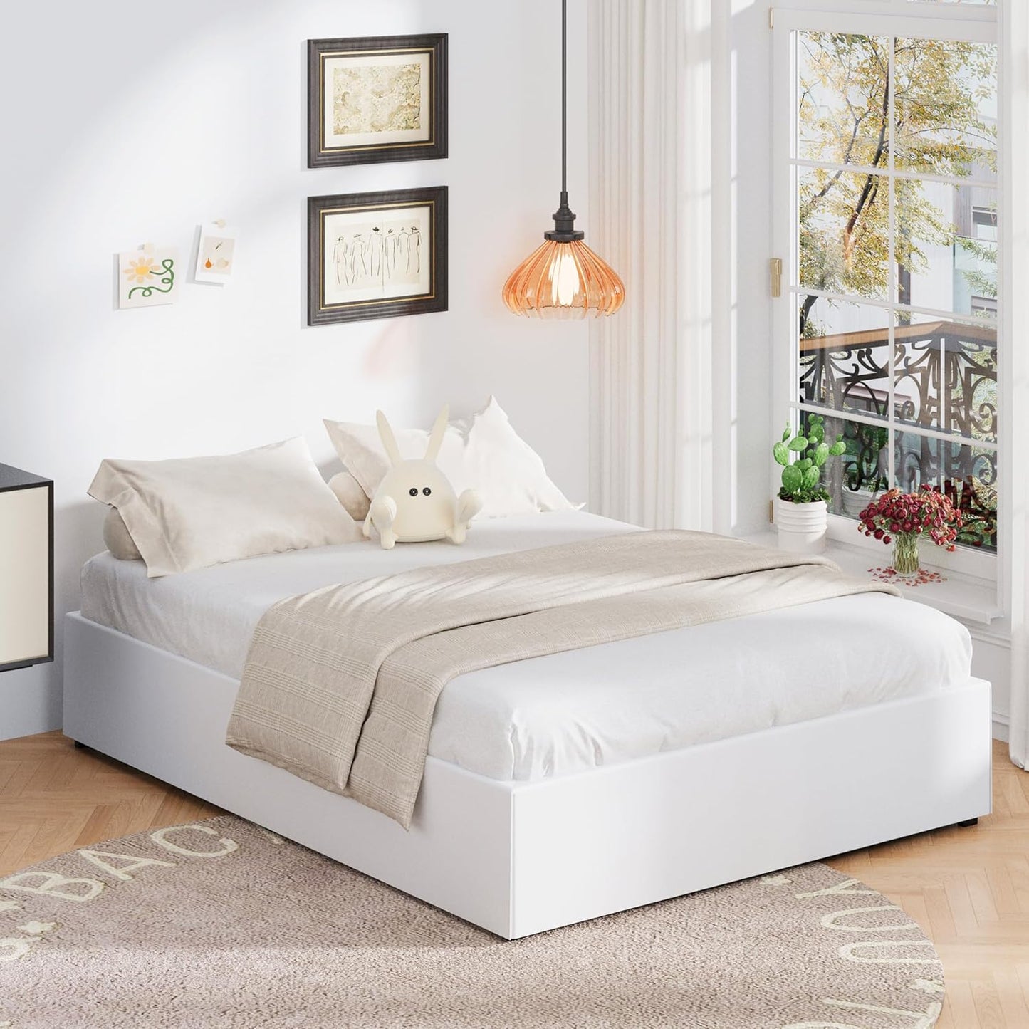 16 Inch Cal King Bed Frame with White Skirt Cover, Metal California King Bed Frames with Storage, No Box Spring Needed, Heavy Duty, Easy Assembly, Noise Free, Mattress Foundation