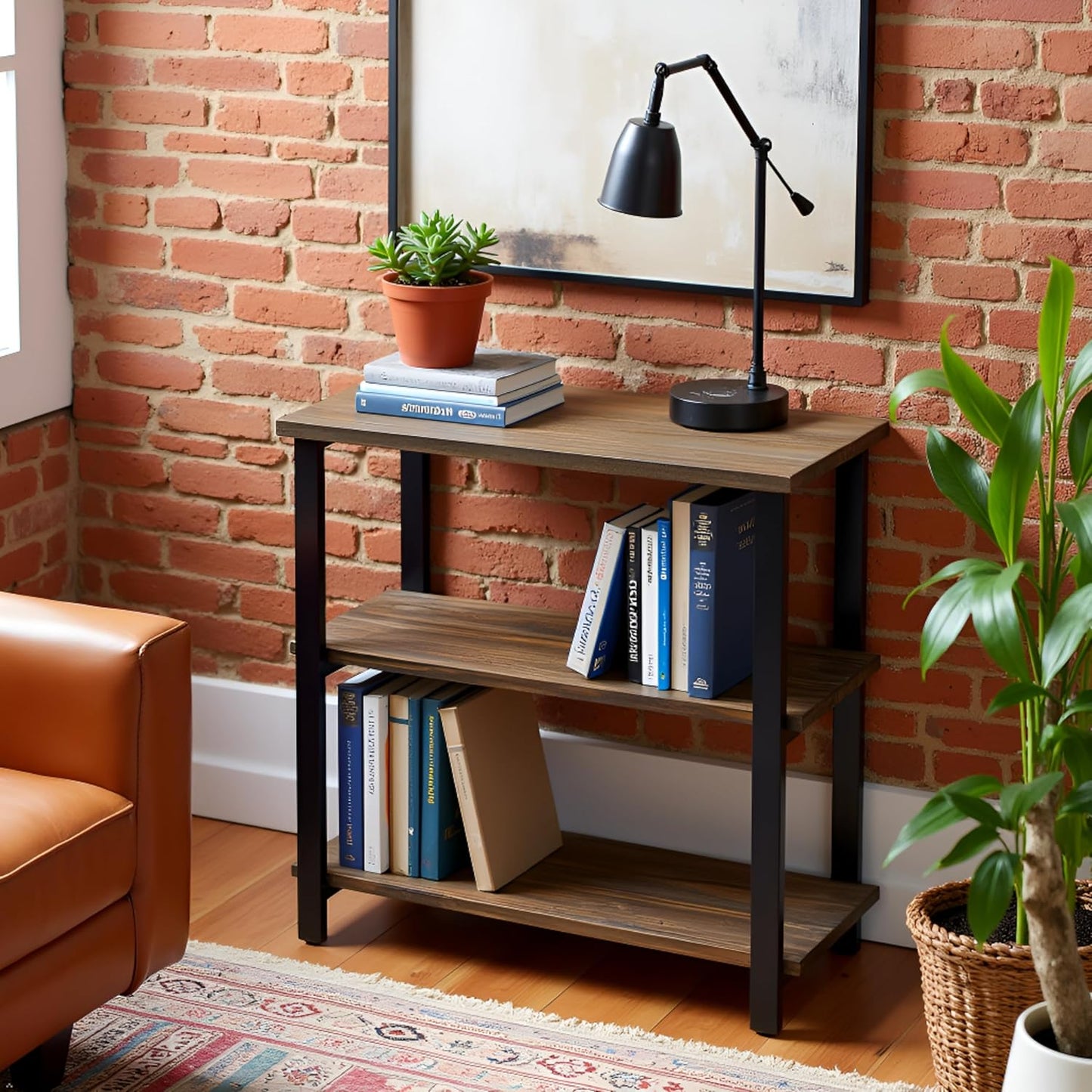 Pomona 3-Tier Bookcase with 2 Lower Shelves – 30" Tall Rustic Industrial Under-Window Bookshelf with Solid Wood and Metal Frame for Living Room, Bedroom, or Home Office by Alaterre Furniture