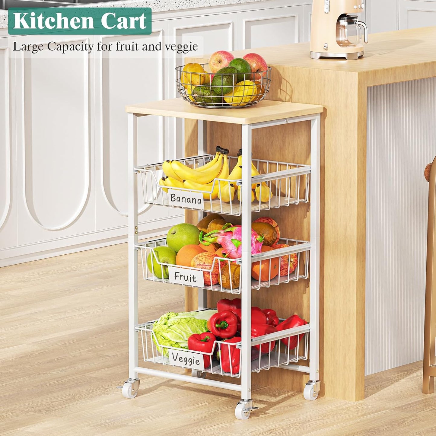 Fruit Vegetable Basket for Kitchen Pantry Storage Organizer, 4-Tier Metal Utility Kitchen Rolling Cart on Wheels with Drawer Rack and Wood Top for Potatoes Onions