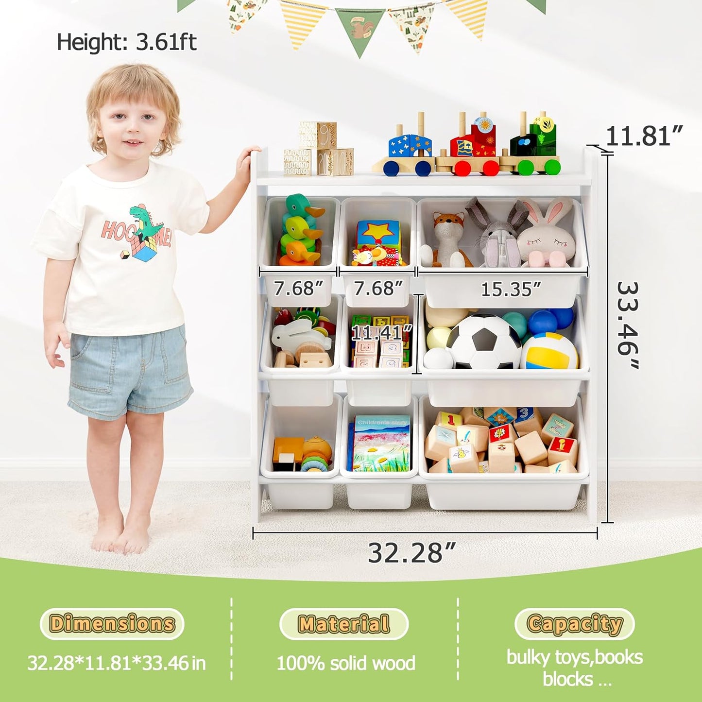 MallBest 4-Tier Kids' Toy Storage Organizer Shelf - 100% Solid Wood,Children's Storage Cabinet with 9 Plastic Bins