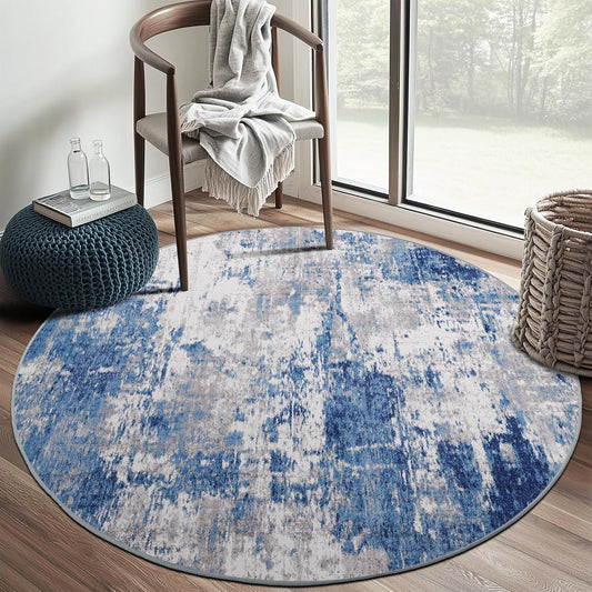 Washable Area Rugs 6ft Non-Slip Modern Abstract Soft for Living Room Entryway Bedroom Nursery, Print Pattern, Blue Grey Navy Gray