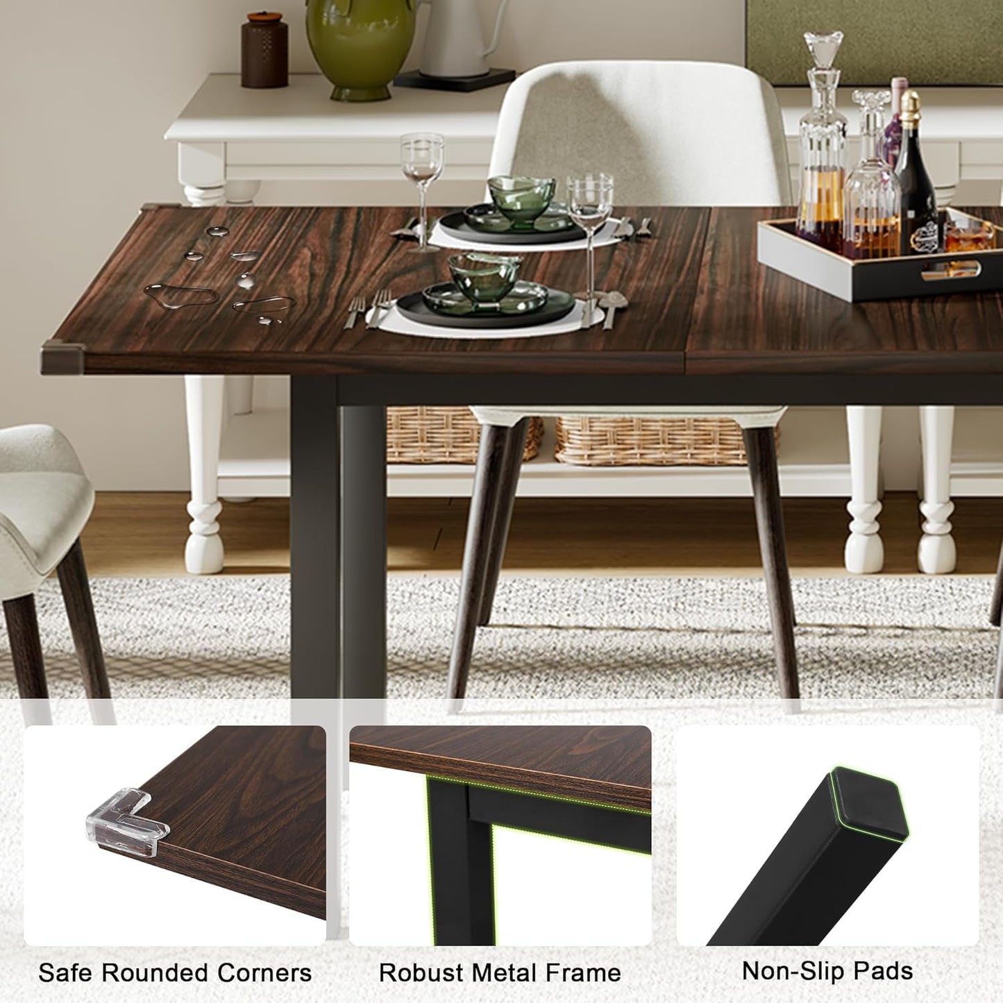 Feonase 63" Extendable Kitchen Table, Modern Farmhouse Dining Table for 4-8, Wooden Dining Room Table for Small Space, Dining Room, Home Office, Living Room Furniture, Espresso