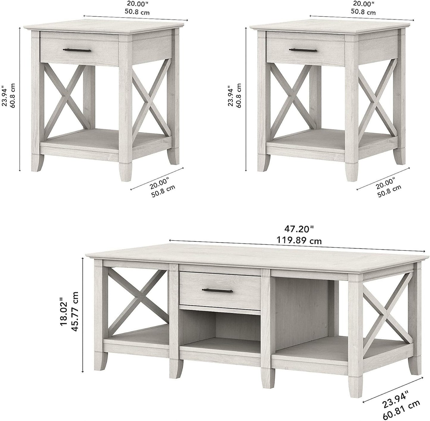 Bush Furniture Key West Coffee Table with Set of 2 End Tables in Linen White Oak