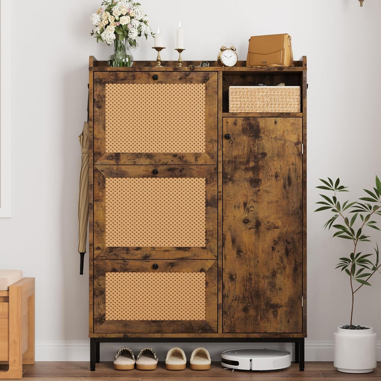 GarveeHome Shoe Cabinet Rattan with 3 Flip Drawers and 4-Tier Shoe Storage Cabinet, Freestanding Shoe Organizer with Adjustable Shelves for Entryway, Closet, Hallway (Brown)