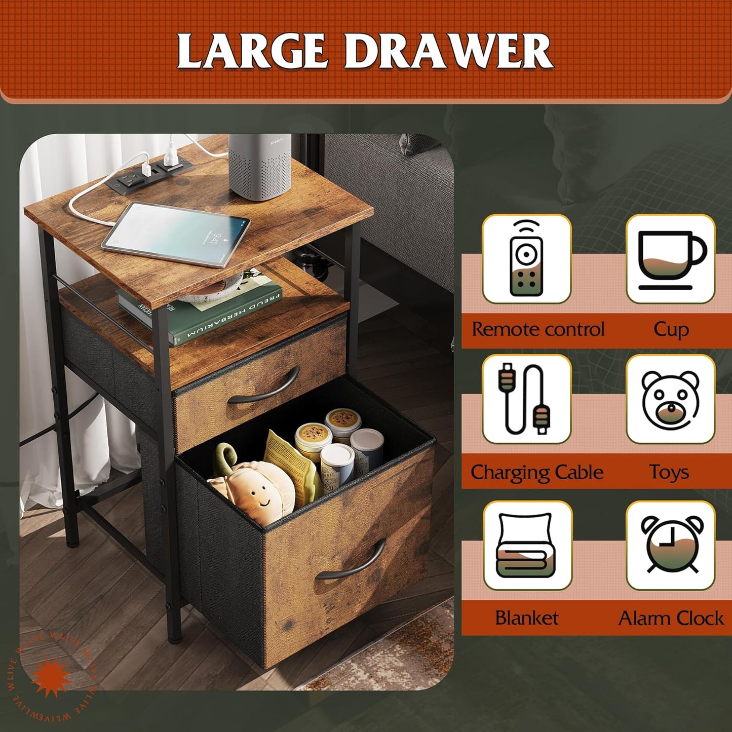 WLIVE Nightstand with Charging Station, End Table with 2 Fabric Drawers for Storage, Small Bedroom Dresser, Bed Side Table, 2 USB Ports and 2 Outlets, Easy Assembly, Rustic Brown