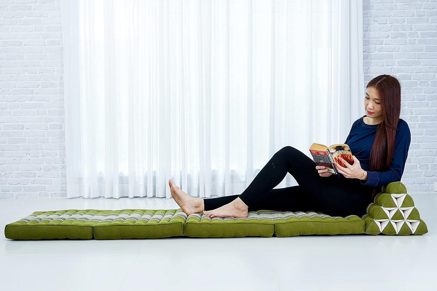 Leewadee Comfortable Japanese Floor Mattress - Thai Floor Bed with Triangle Cushion - Futon Mattress - XL Extra Long Thai Massage Mat, 89 x 20 inches, Green, Kapok Filling