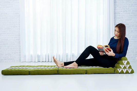 Leewadee Comfortable Japanese Floor Mattress - Thai Floor Bed with Triangle Cushion - Futon Mattress - XL Extra Long Thai Massage Mat, 89 x 20 inches, Green, Kapok Filling