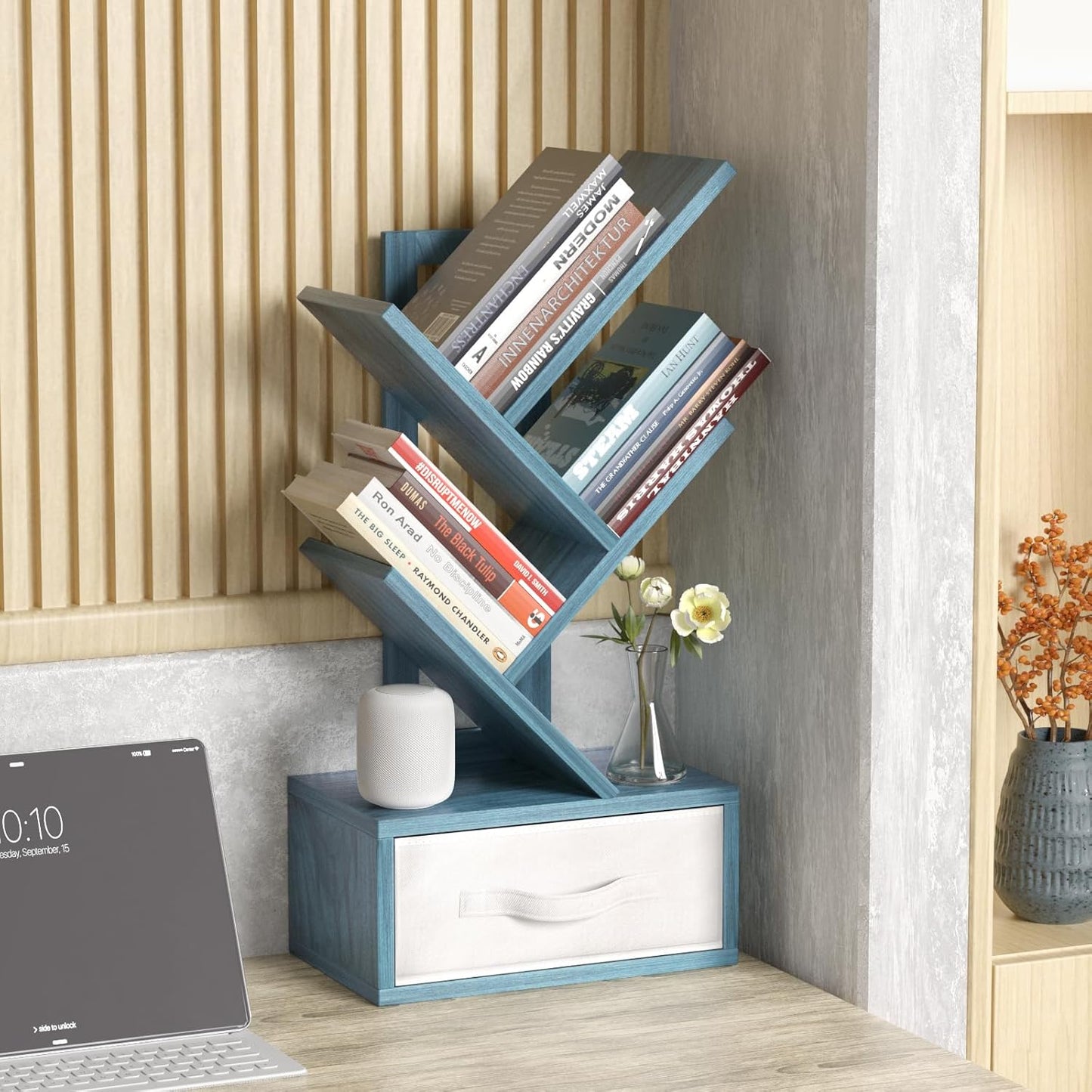 Small Book Shelf with Drawer,4 Tier Black Tree Bookshelf,Blue Desktop Bookcase,Modern Desk Display Storage Bookshelves,Floor Standing Organizer Bookcases for Living Room,Bedroom,Office