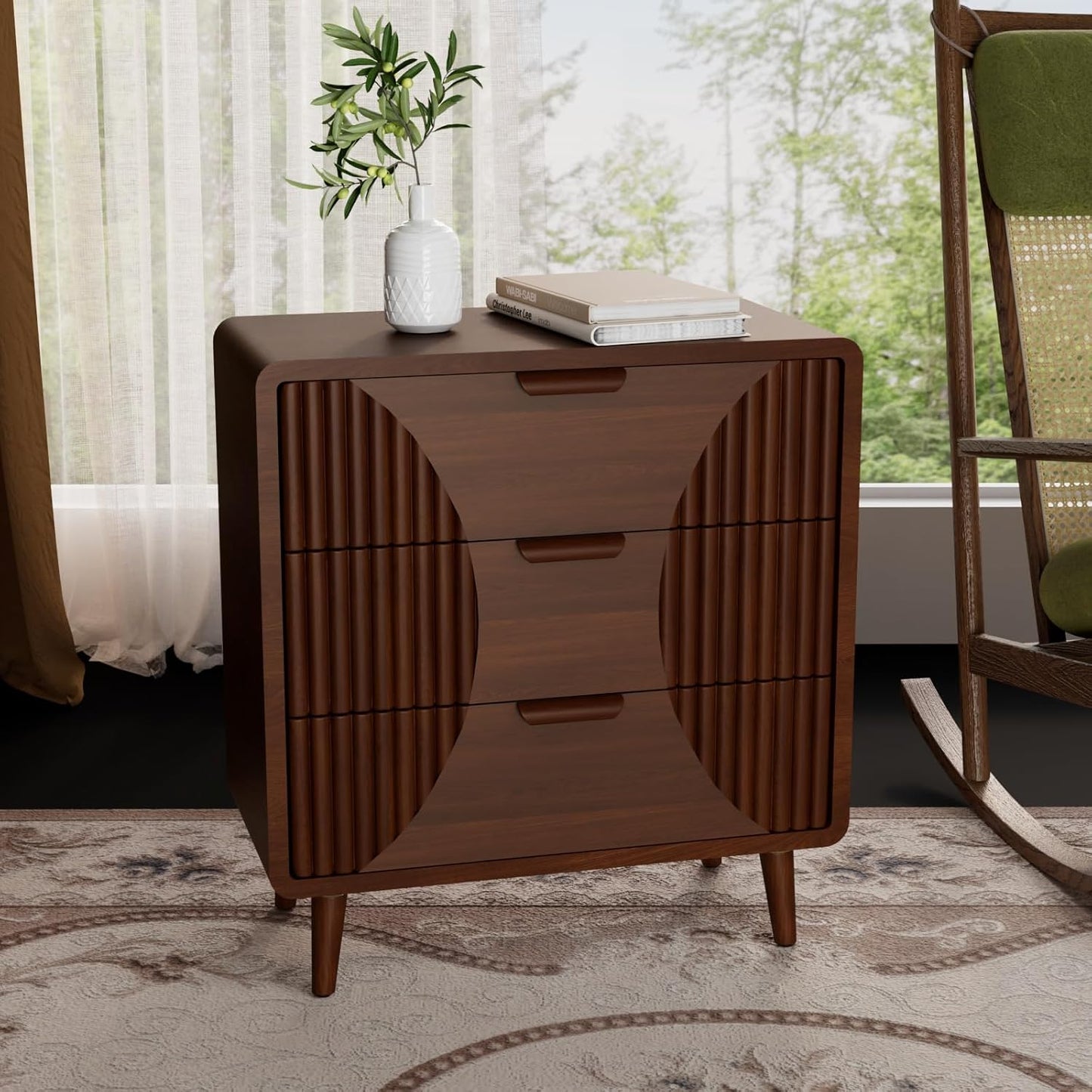 COSIEST Walnut Accent Cabinet with 3 Drawers, Sideboard Buffet Cabinet for Entryway, Living Room, Bedroom (Brown, Stripe Pattern)