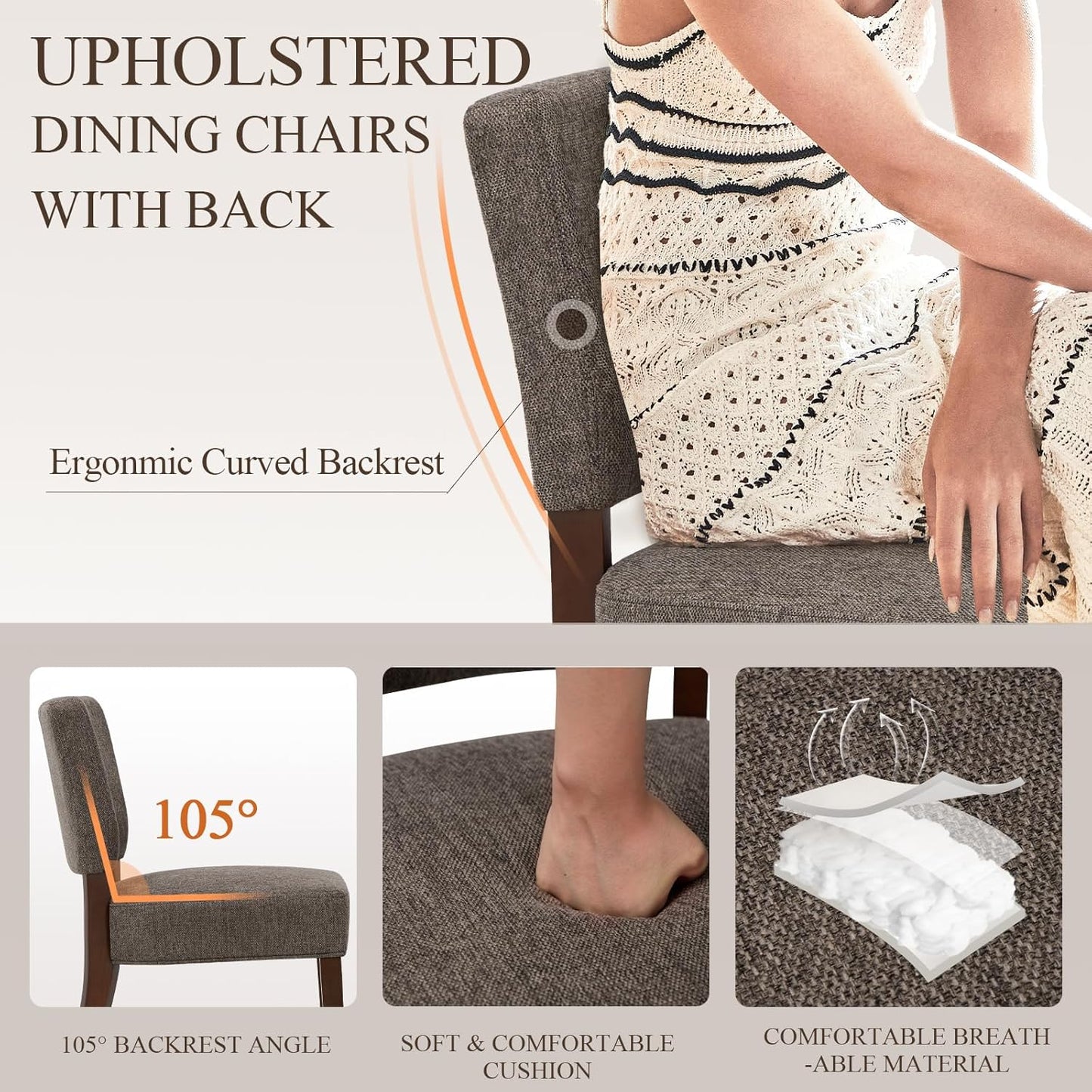 COLAMY Mid Century Modern Dining Chairs Set of 6, Upholstered Kitchen Chairs with Back, Farmhouse Fabric Side Dining Room Chairs with Wood Legs for Dining Room Kitchen Restaurant, Brown