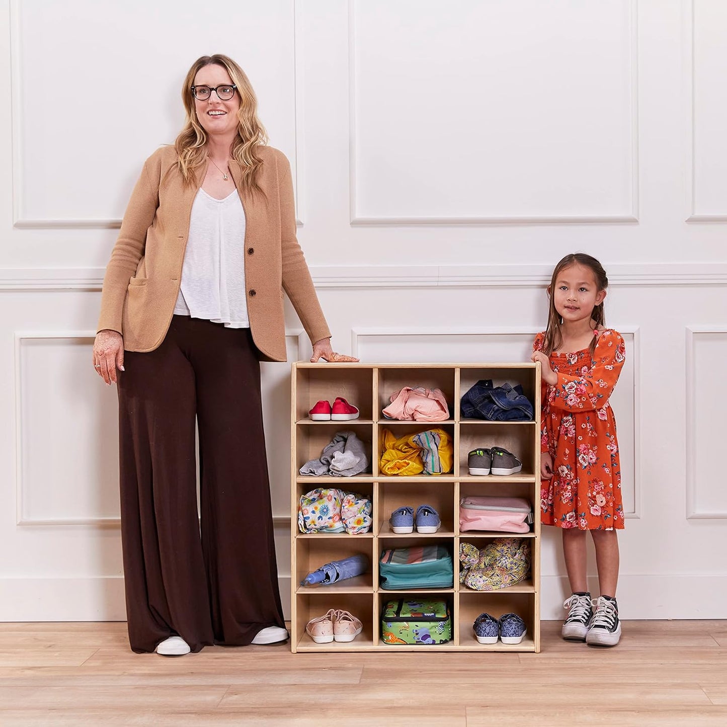 ECR4Kids Streamline 15 Cubby Tray Storage Cabinet, 5x3, Classroom Furniture, Natural