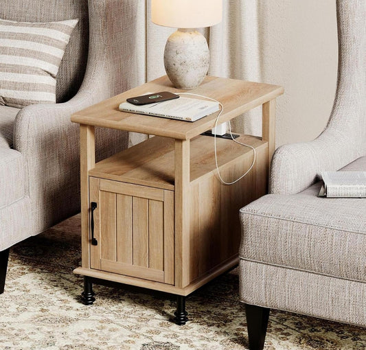 WAMPAT Oak End Table with Charging Station, Sofa Side Table with Storage Cabinet for Living Room, Light Wood Bedside Table with Metal Leg, Farmhouse Nightstand for Bedroom